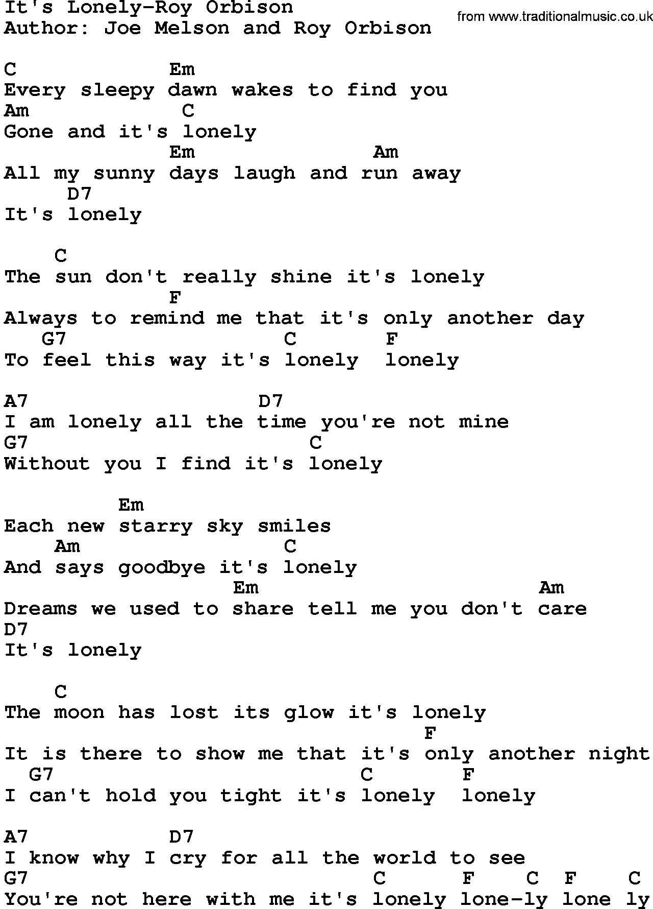 Country music song: It's Lonely-Roy Orbison lyrics and chords