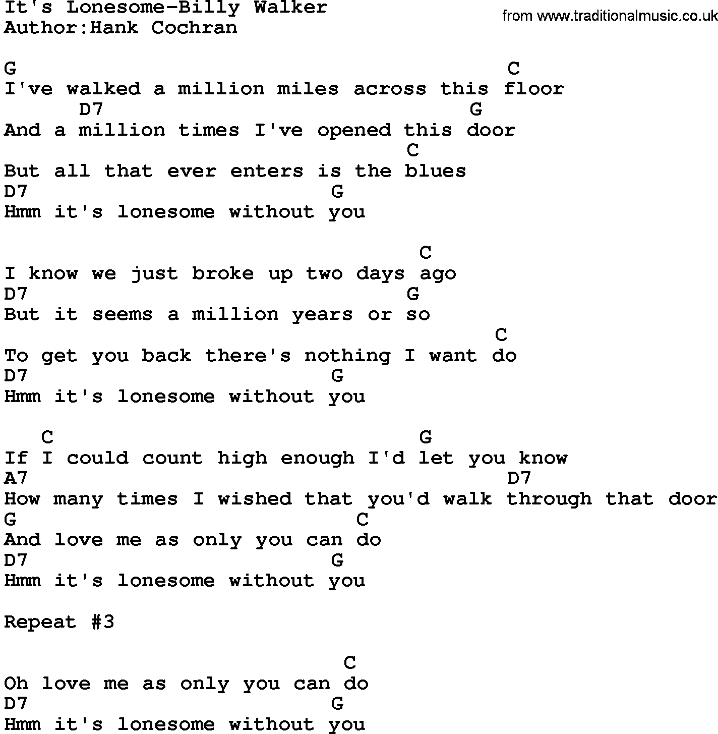 Country music song: It's Lonesome-Billy Walker lyrics and chords
