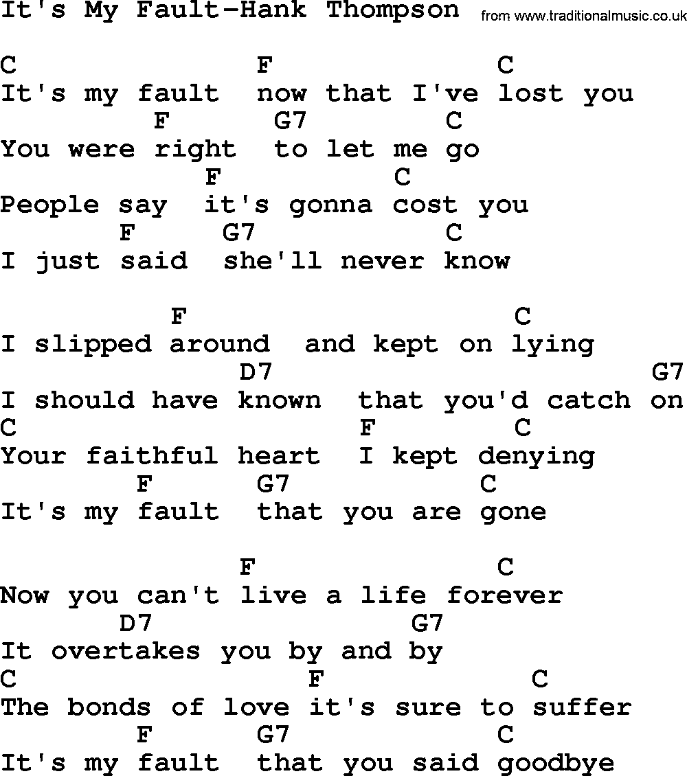 Country music song: It's My Fault-Hank Thompson lyrics and chords
