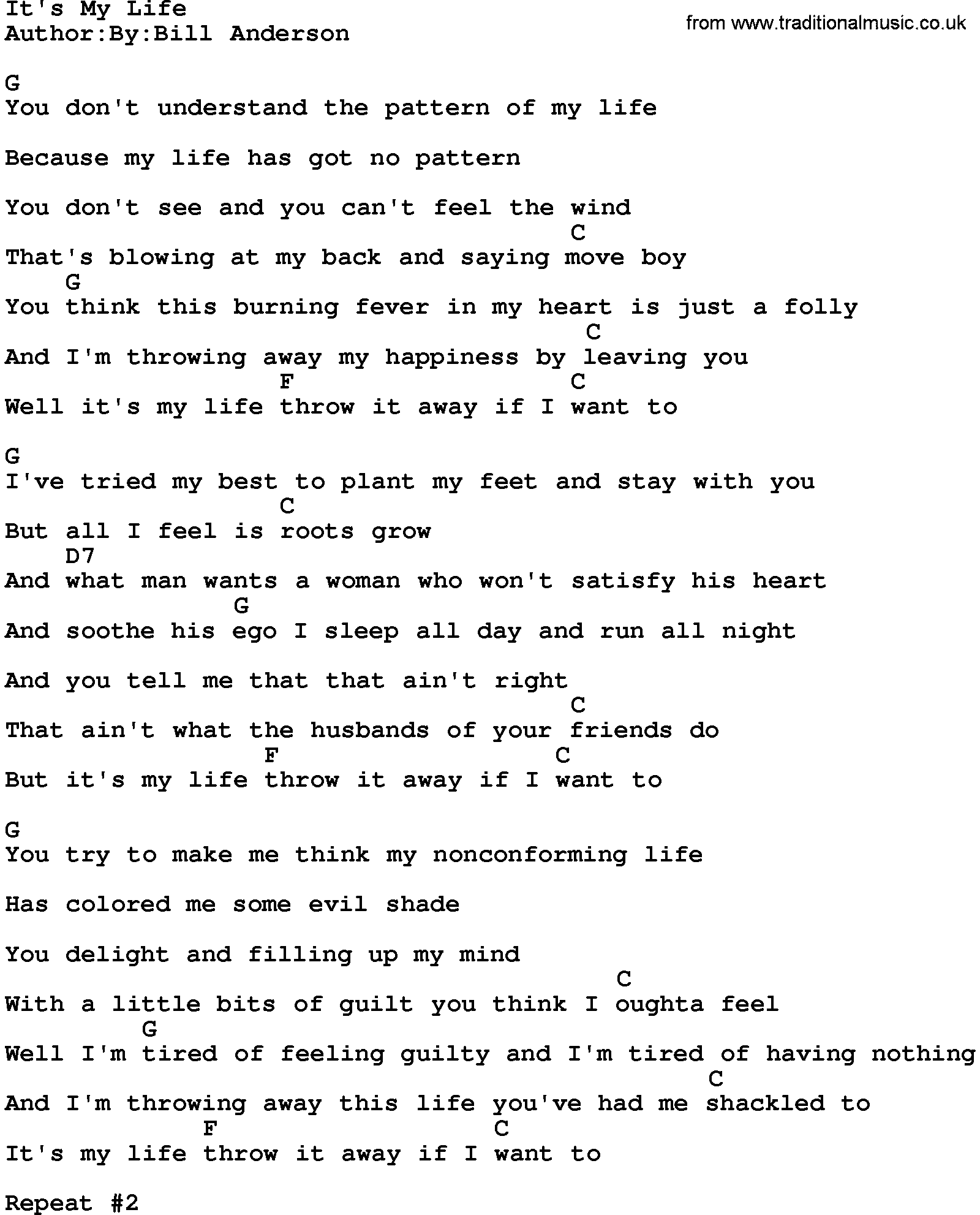 Country music song: It's My Life lyrics and chords
