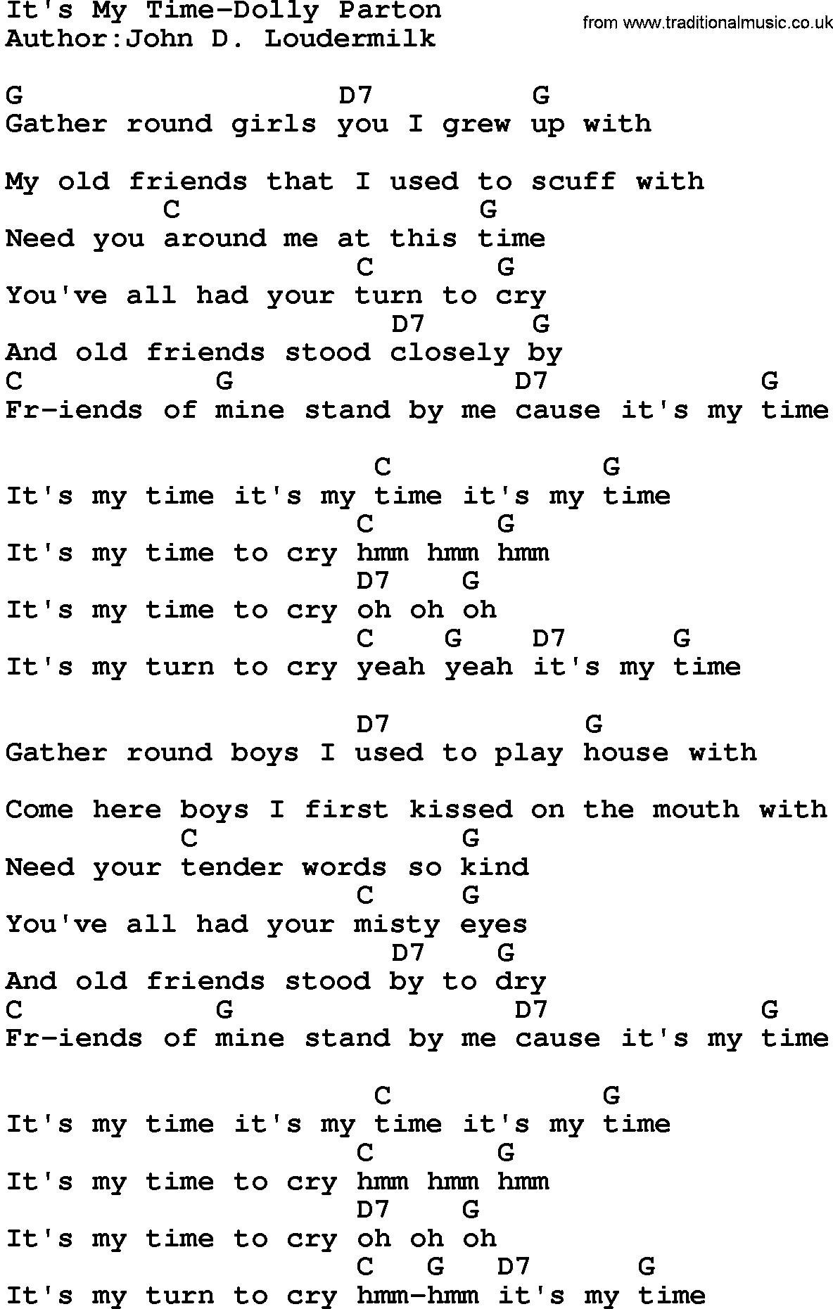 Country music song: It's My Time-Dolly Parton lyrics and chords