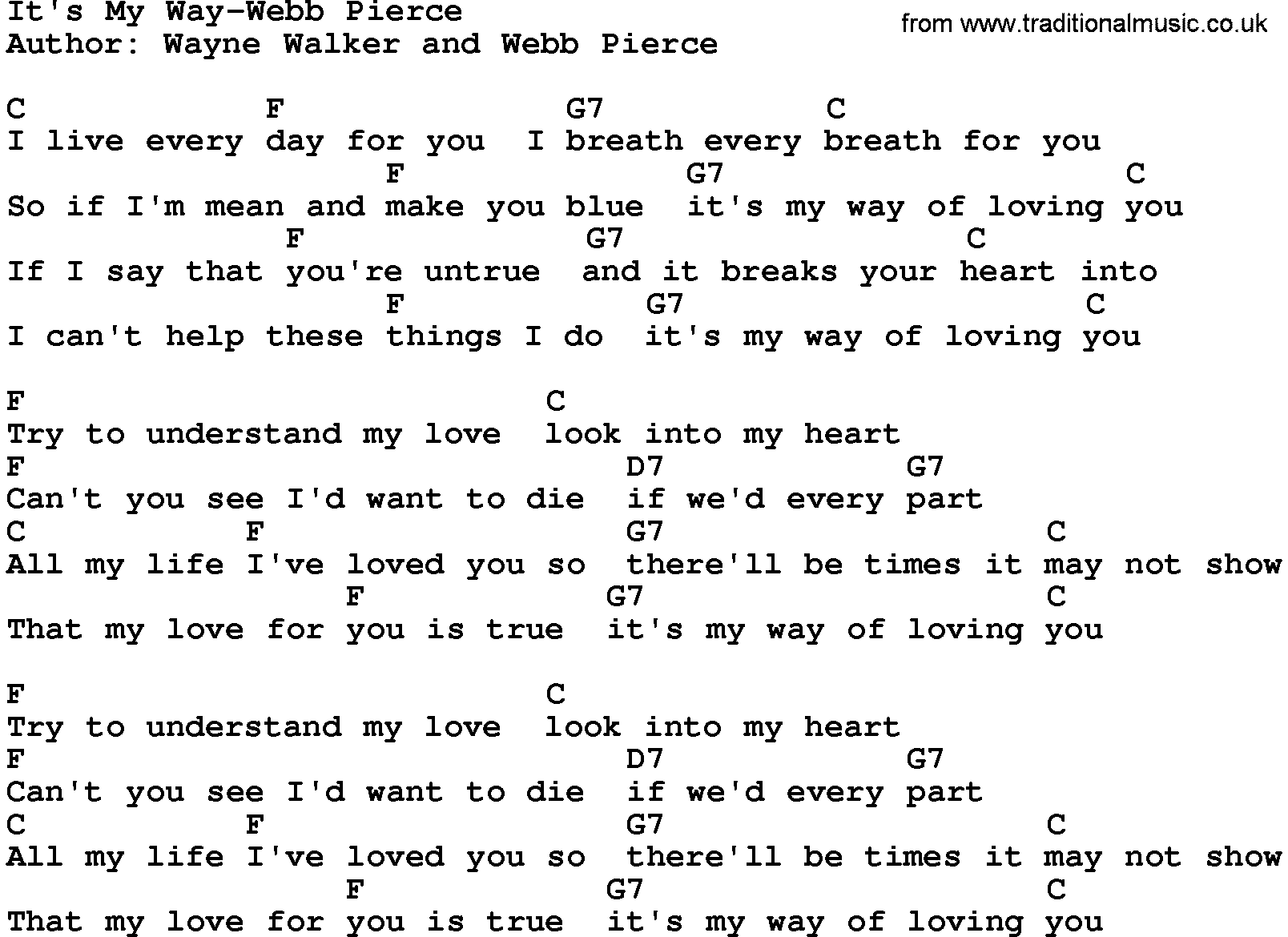 Country music song: It's My Way-Webb Pierce lyrics and chords