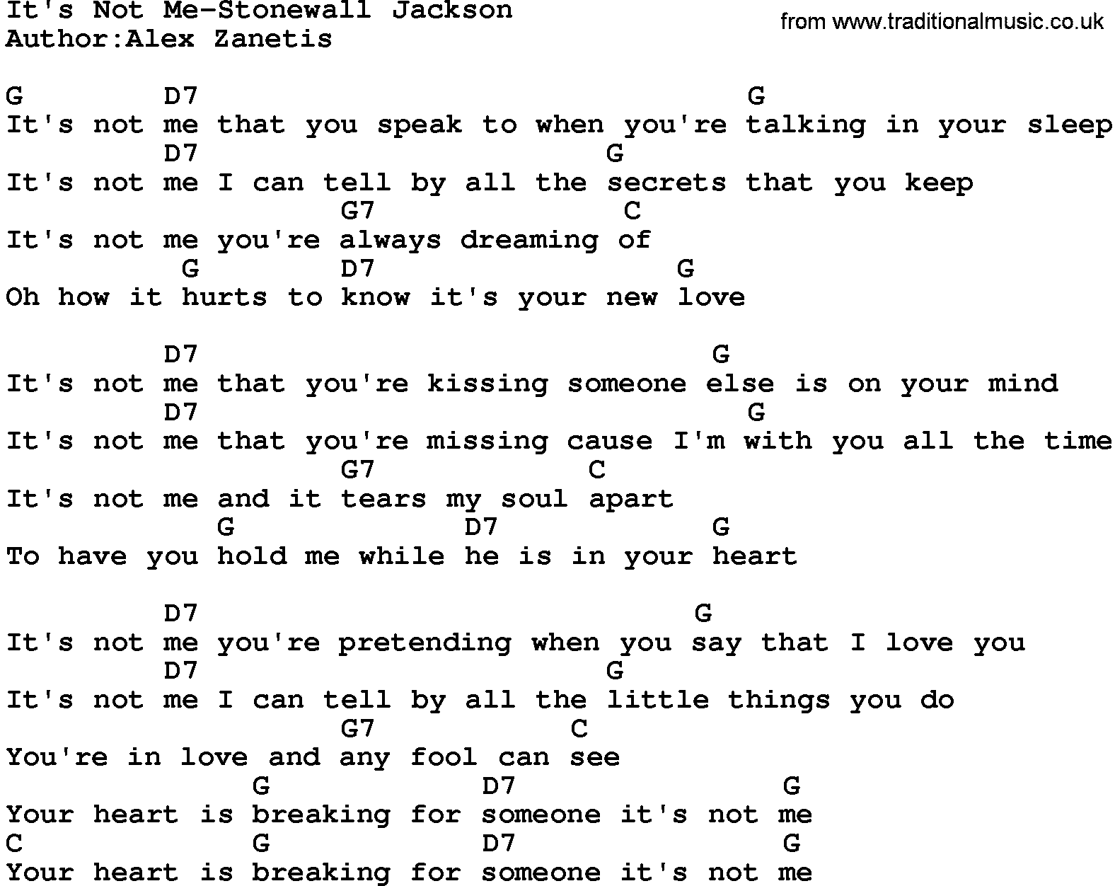 Country music song: It's Not Me-Stonewall Jackson lyrics and chords