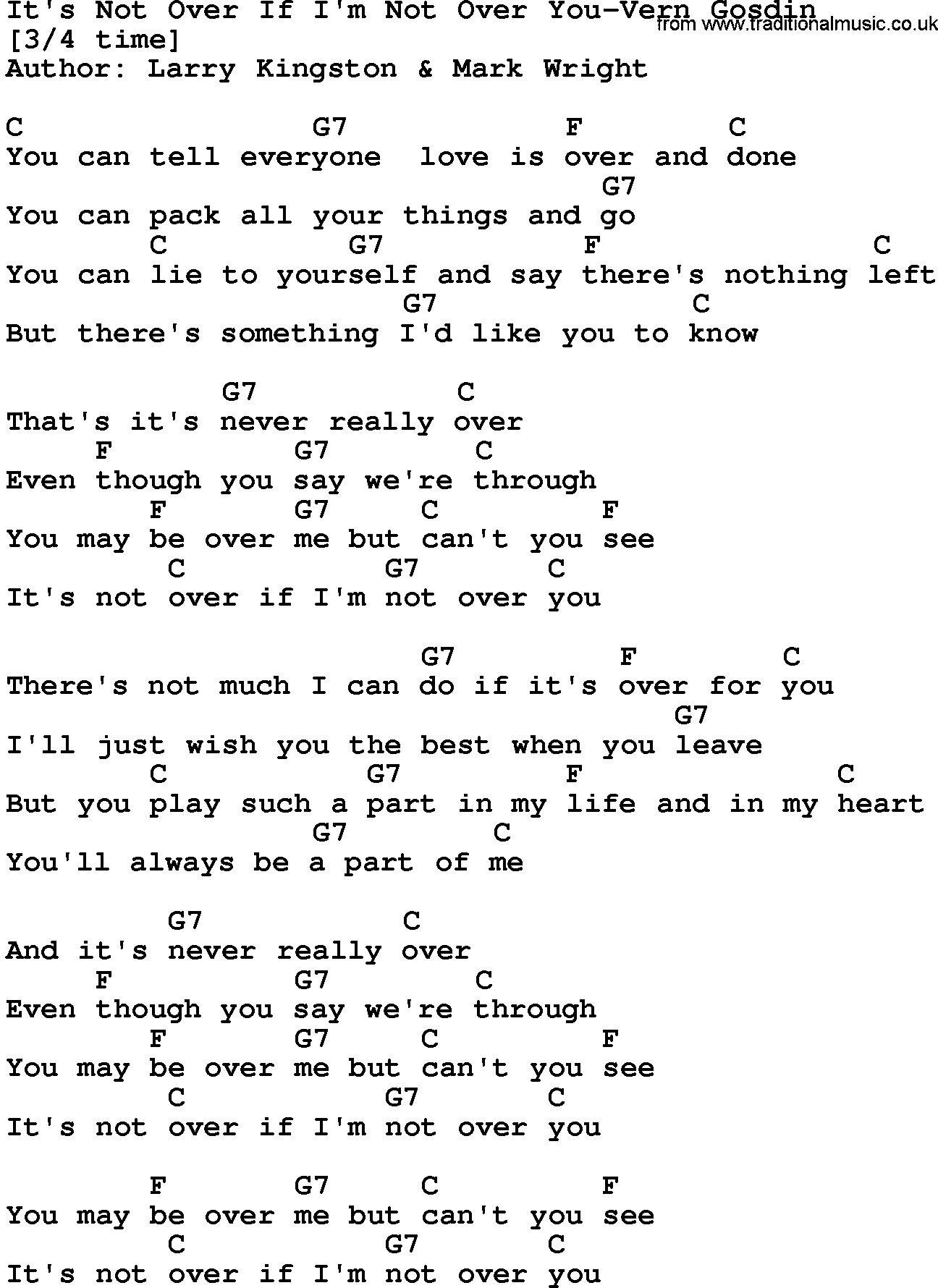 Country music song: It's Not Over If I'm Not Over You-Vern Gosdin lyrics and chords