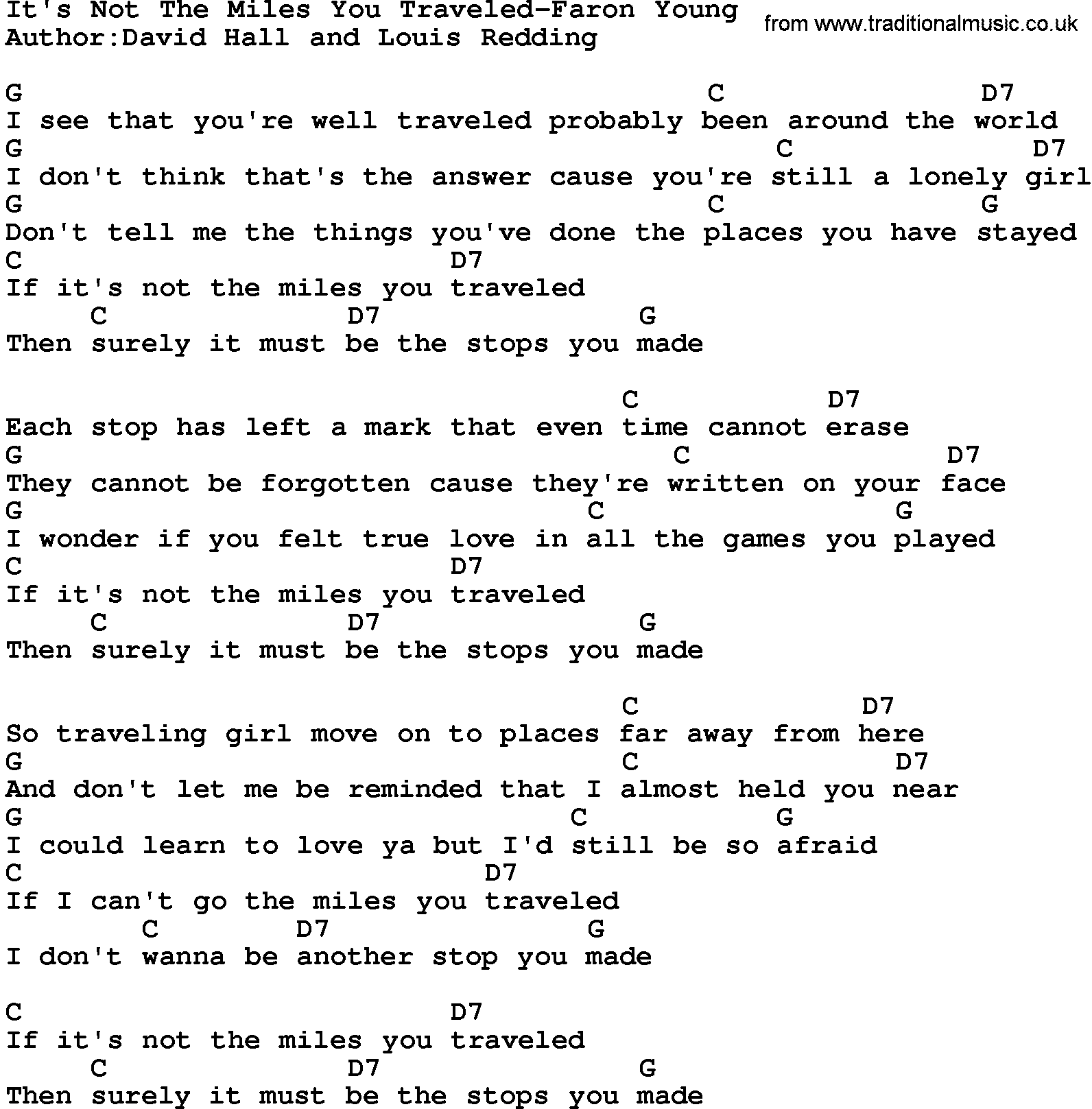 Country music song: It's Not The Miles You Traveled-Faron Young lyrics and chords