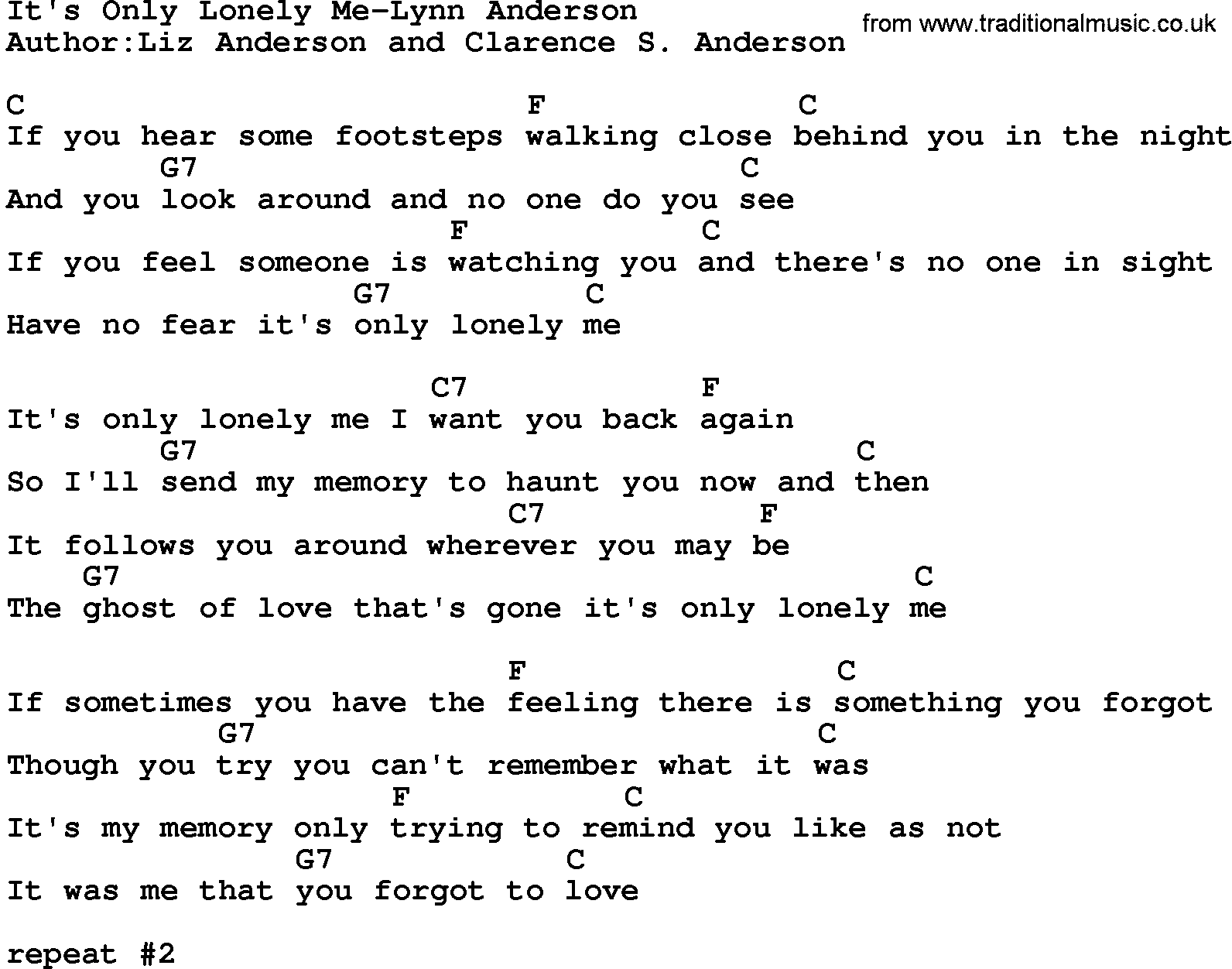 Country music song: It's Only Lonely Me-Lynn Anderson lyrics and chords