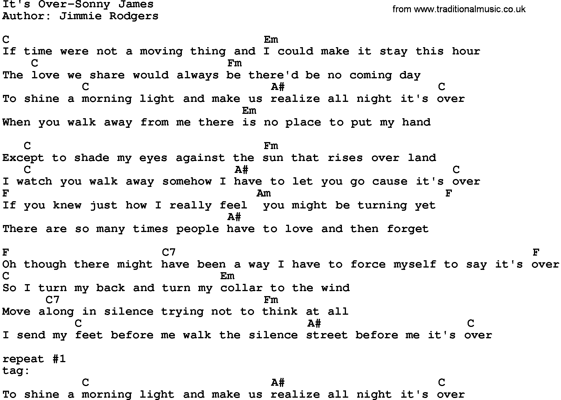 Country music song: It's Over-Sonny James lyrics and chords