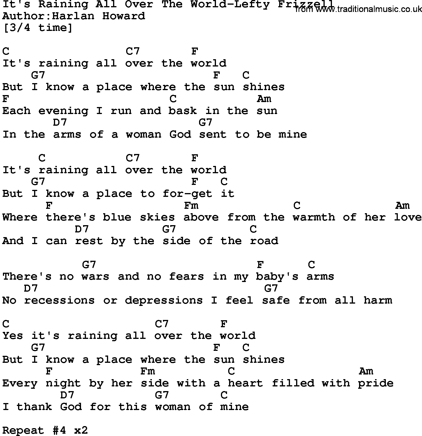 Country music song: It's Raining All Over The World-Lefty Frizzell lyrics and chords