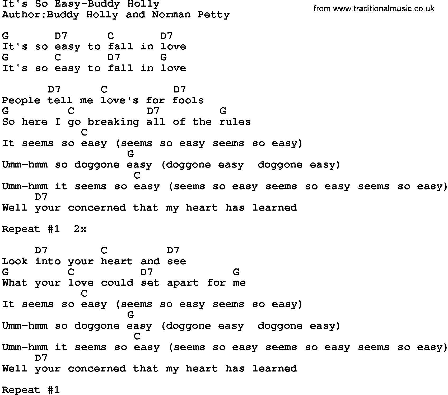 Country music song: It's So Easy-Buddy Holly lyrics and chords