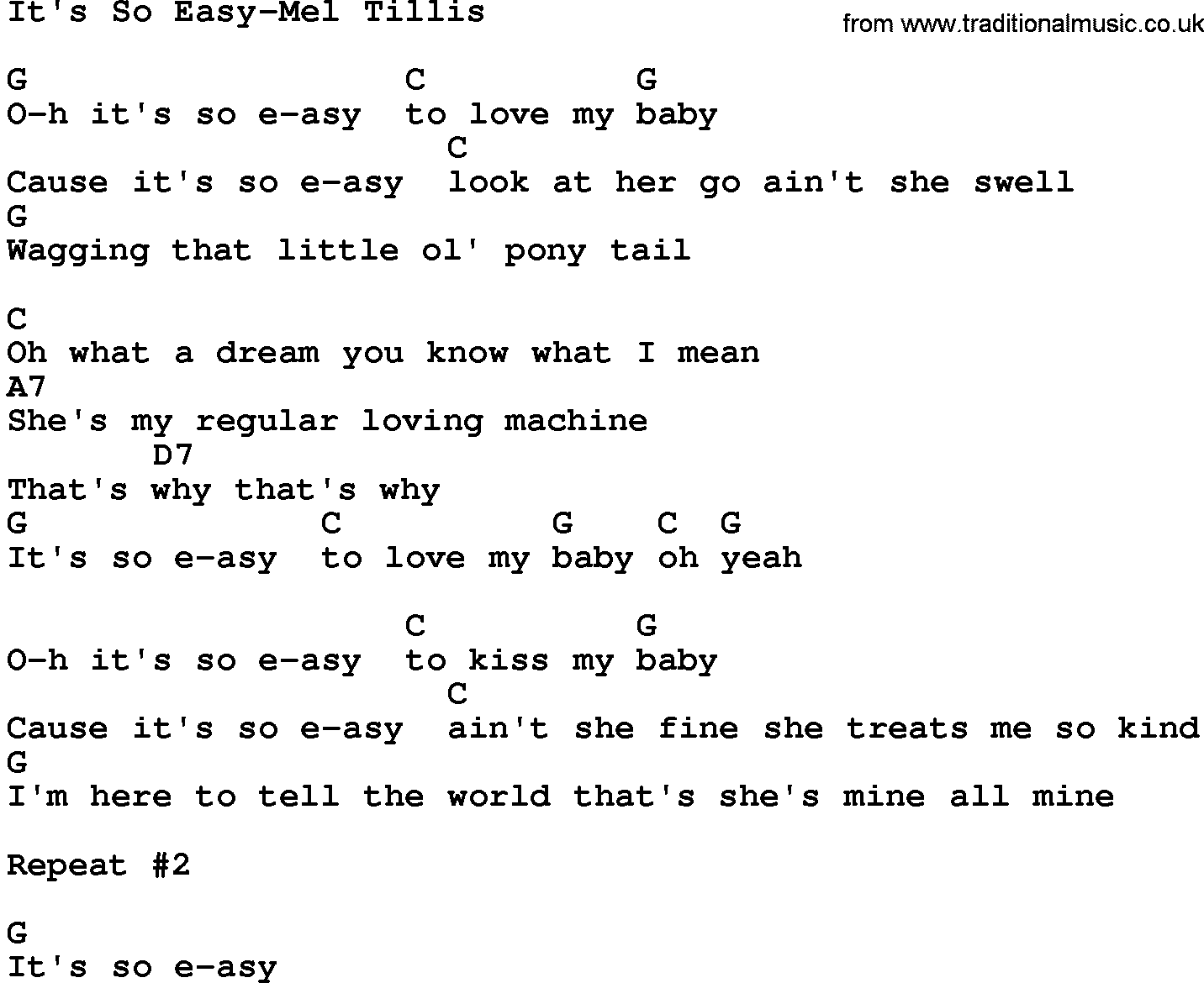 Country music song: It's So Easy-Mel Tillis lyrics and chords