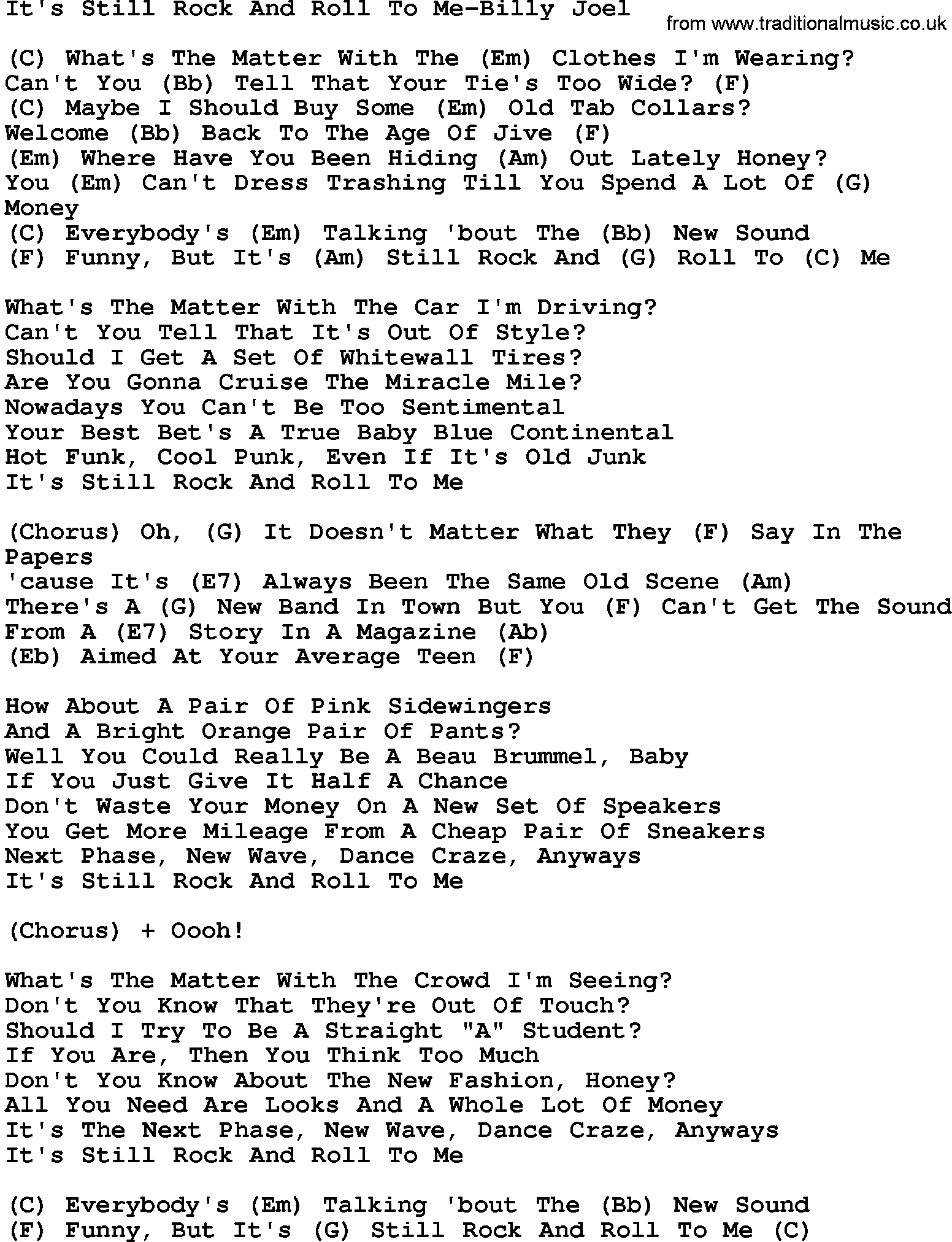 Country music song: It's Still Rock And Roll To Me-Billy Joel lyrics and chords