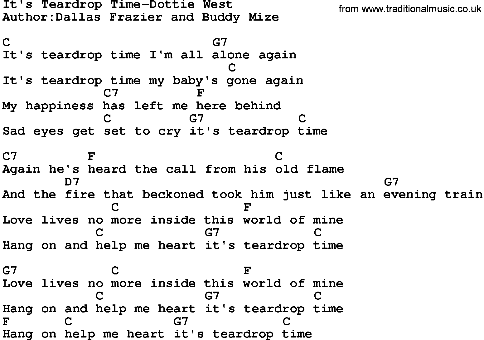 Country music song: It's Teardrop Time-Dottie West lyrics and chords