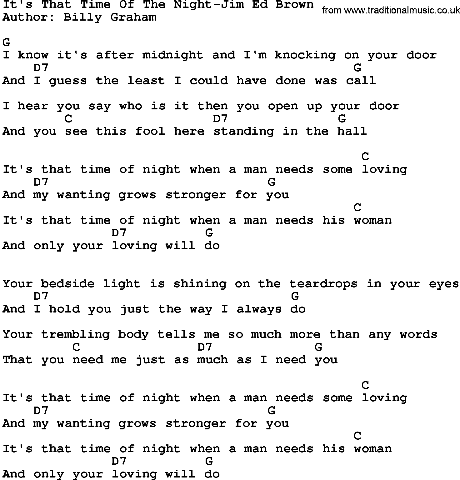 Country music song: It's That Time Of The Night-Jim Ed Brown lyrics and chords