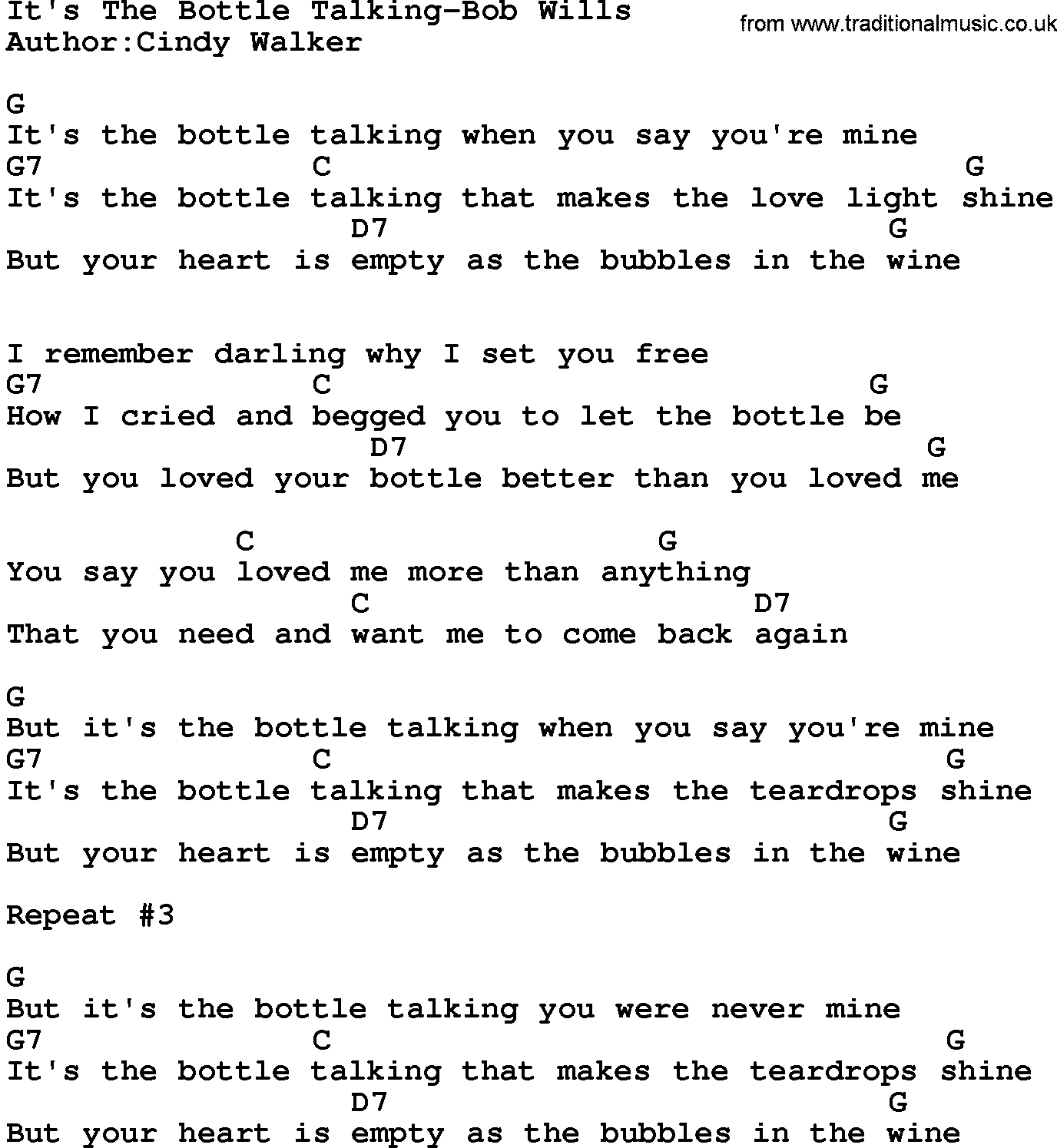 Country music song: It's The Bottle Talking-Bob Wills lyrics and chords