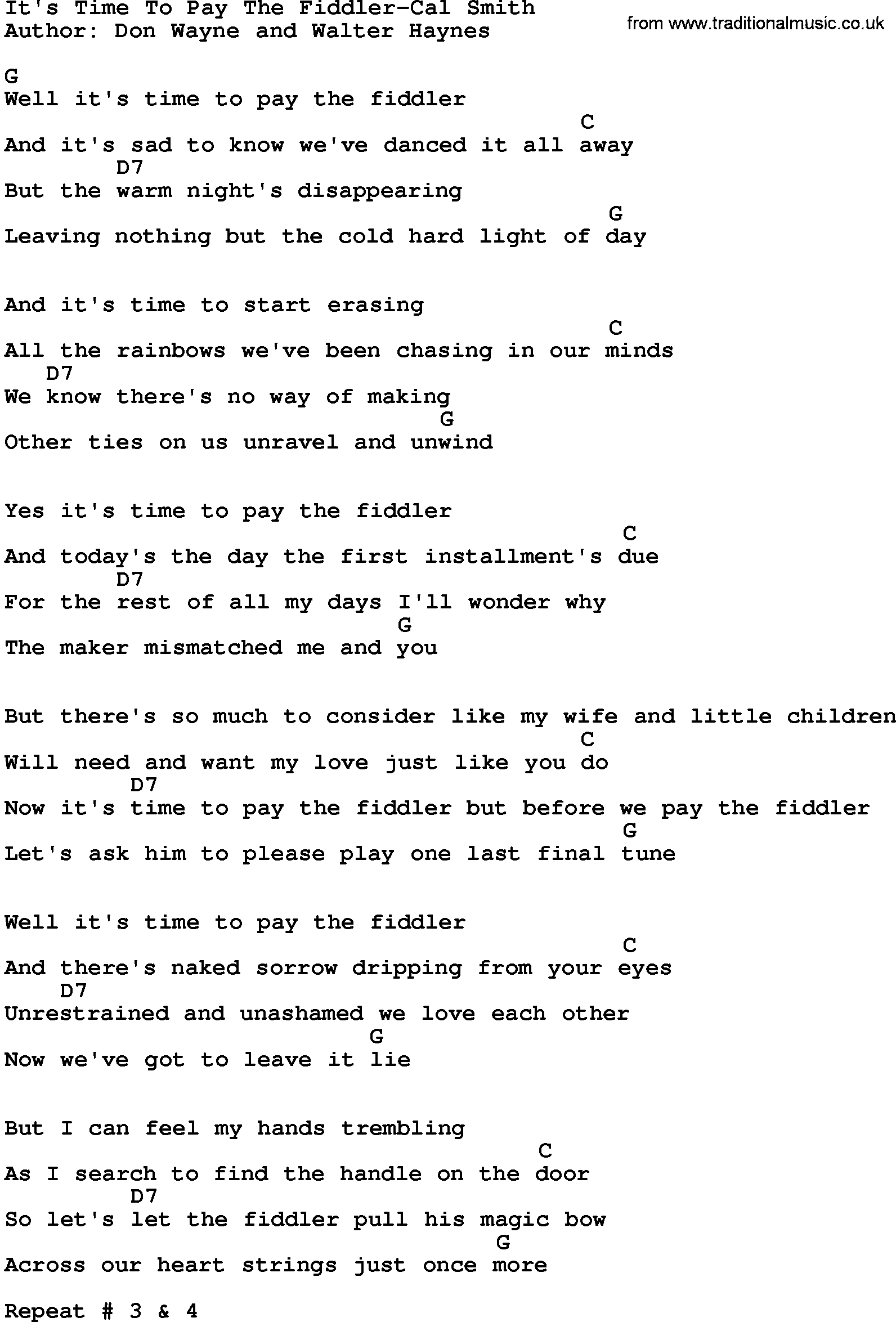 Country music song: It's Time To Pay The Fiddler-Cal Smith lyrics and chords