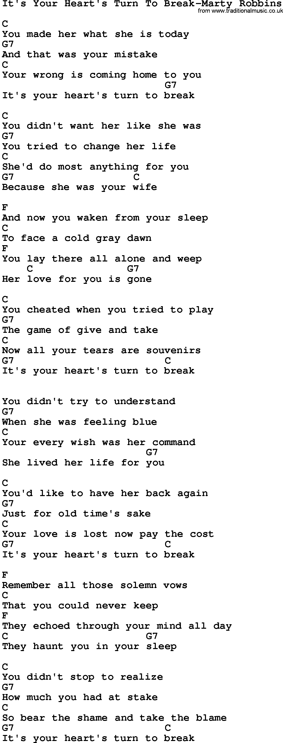 Country music song: It's Your Heart's Turn To Break-Marty Robbins lyrics and chords