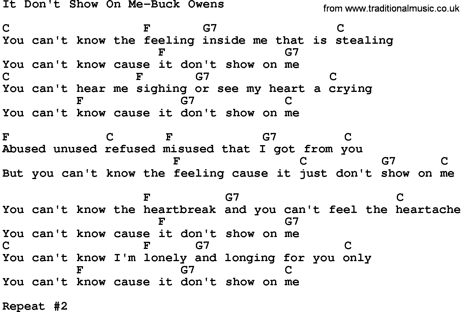 Country music song: It Don't Show On Me-Buck Owens lyrics and chords
