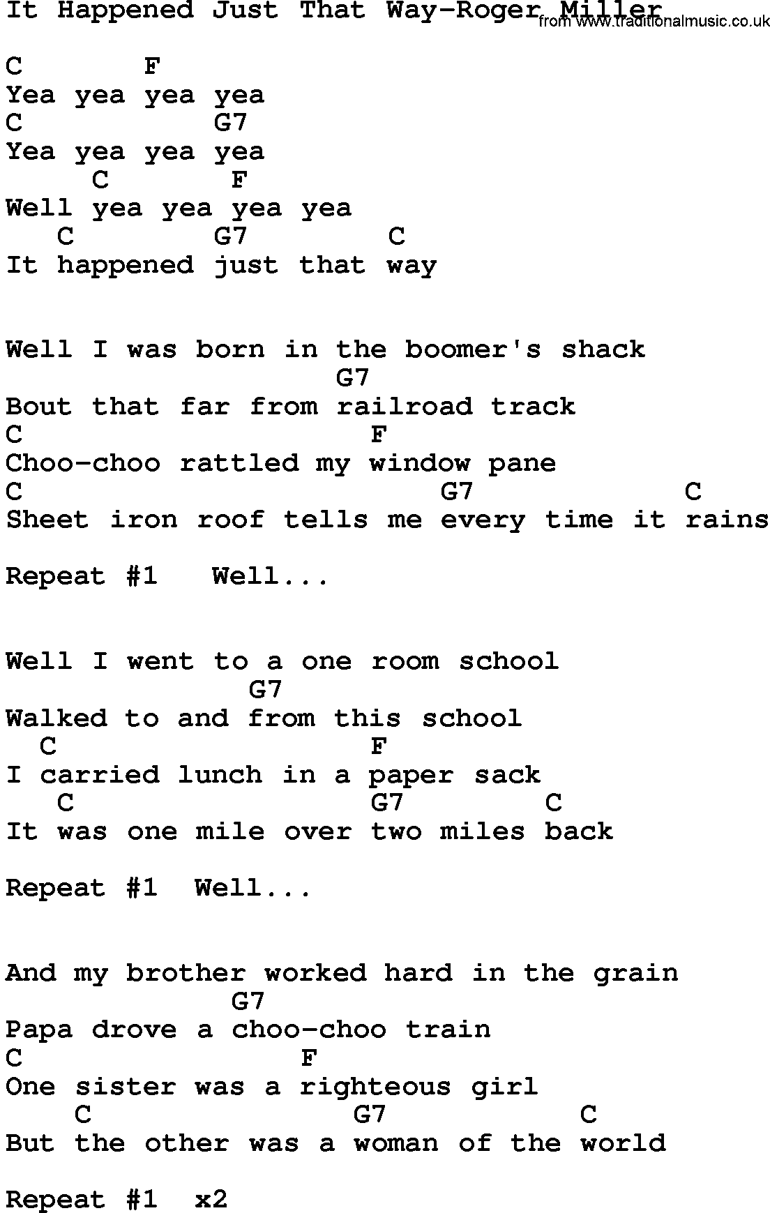 Country music song: It Happened Just That Way-Roger Miller lyrics and chords