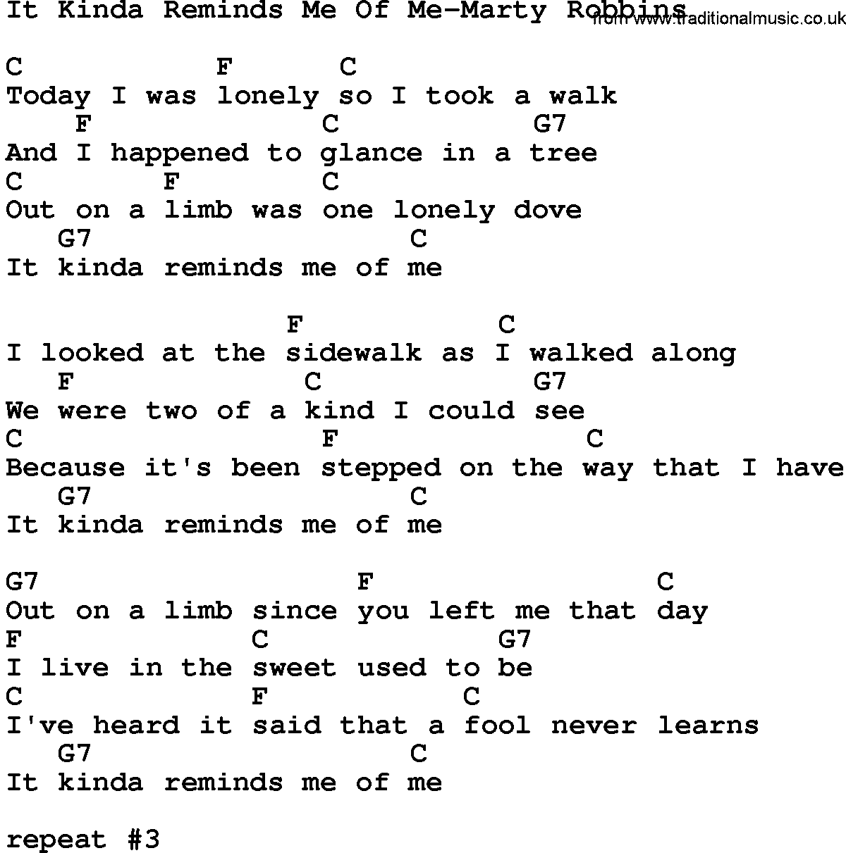 Country music song: It Kinda Reminds Me Of Me-Marty Robbins lyrics and chords