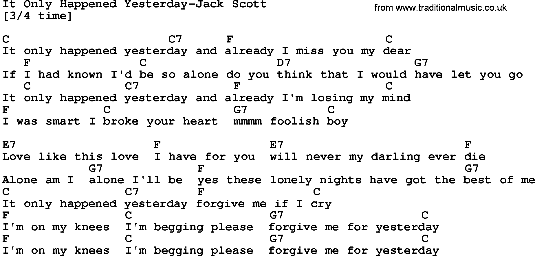 Country music song: It Only Happened Yesterday-Jack Scott lyrics and chords
