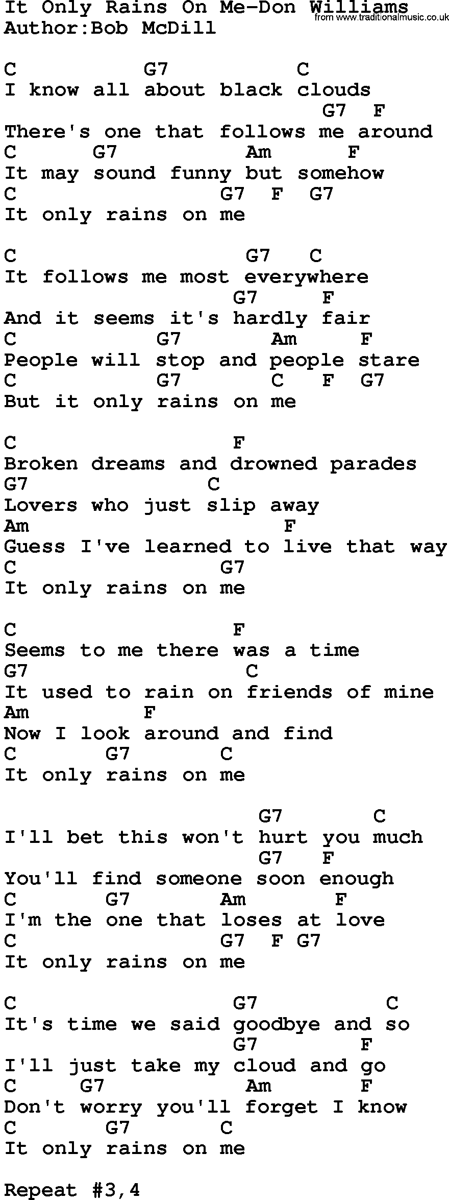 Country music song: It Only Rains On Me-Don Williams lyrics and chords