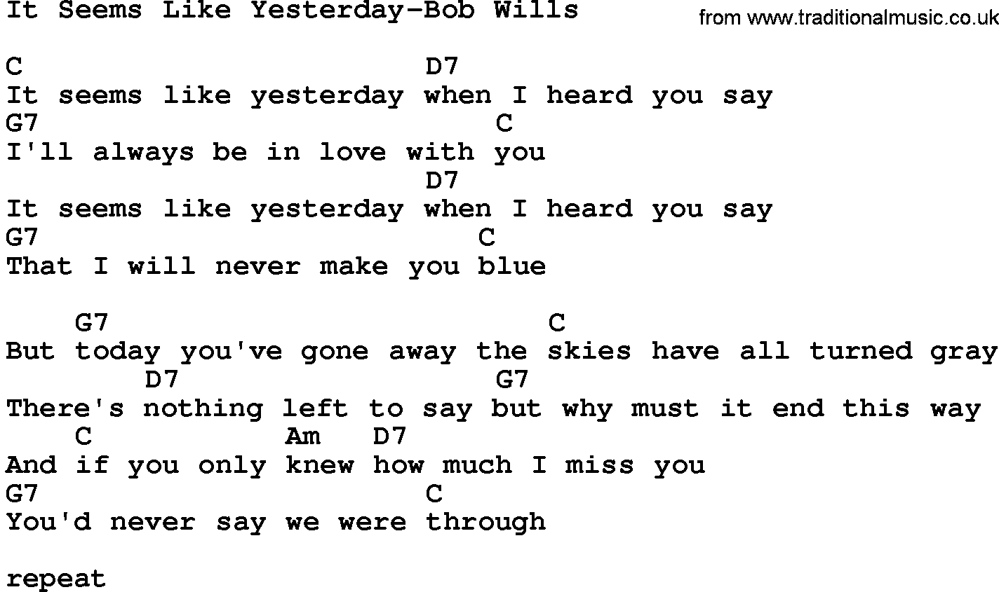 Country music song: It Seems Like Yesterday-Bob Wills lyrics and chords