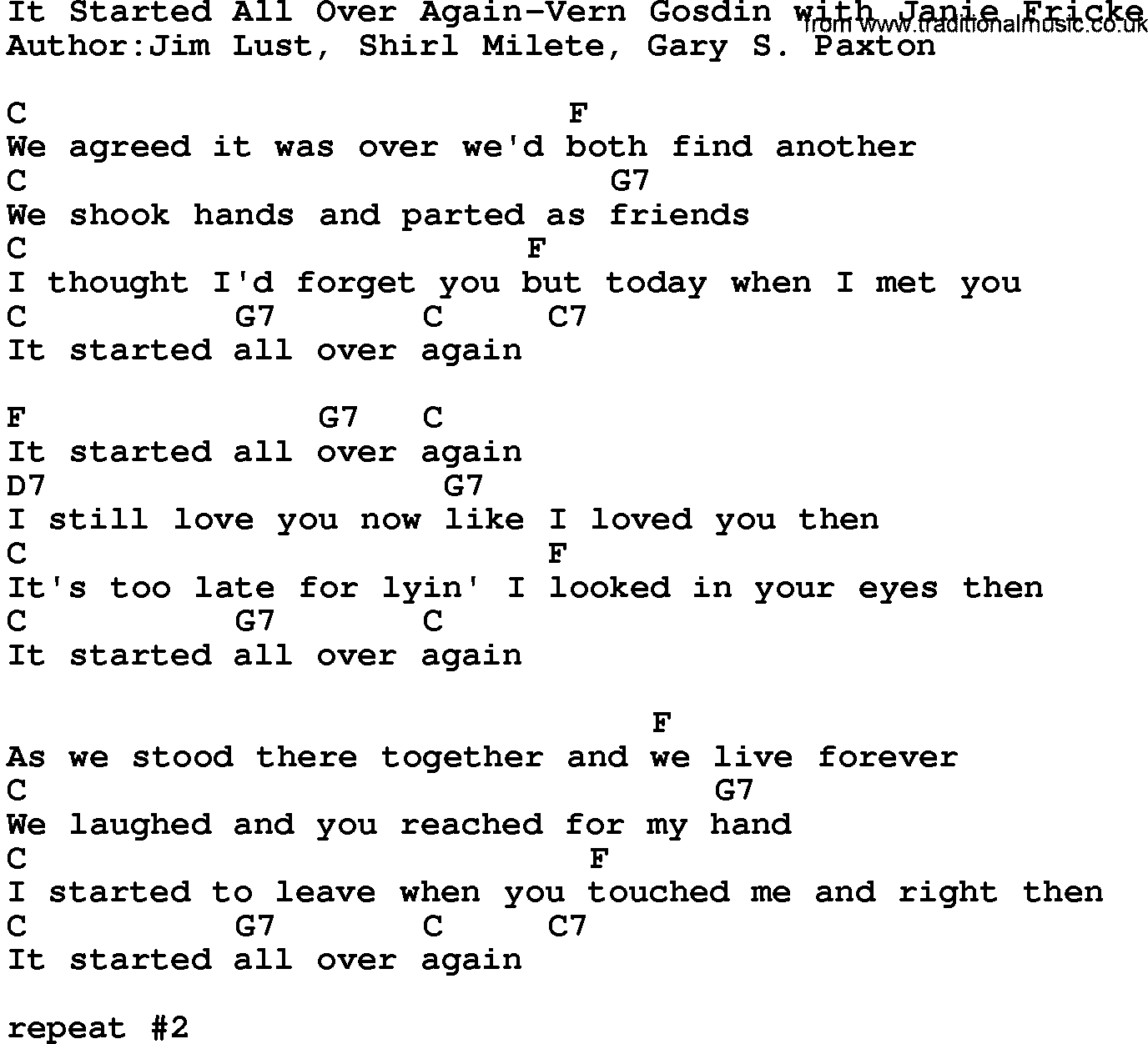 Country music song: It Started All Over Again-Vern Gosdin With Janie Fricke lyrics and chords