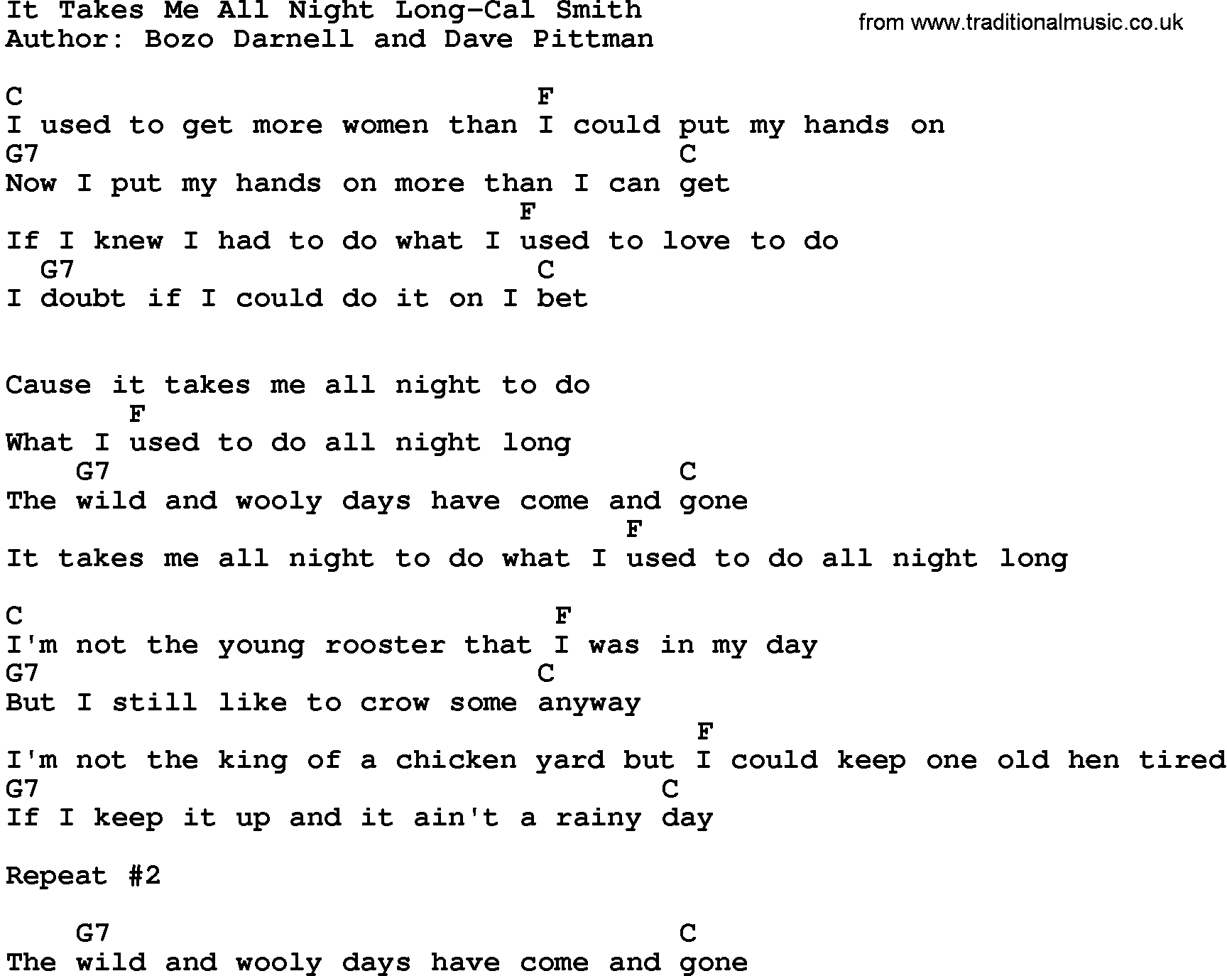 Country music song: It Takes Me All Night Long-Cal Smith lyrics and chords