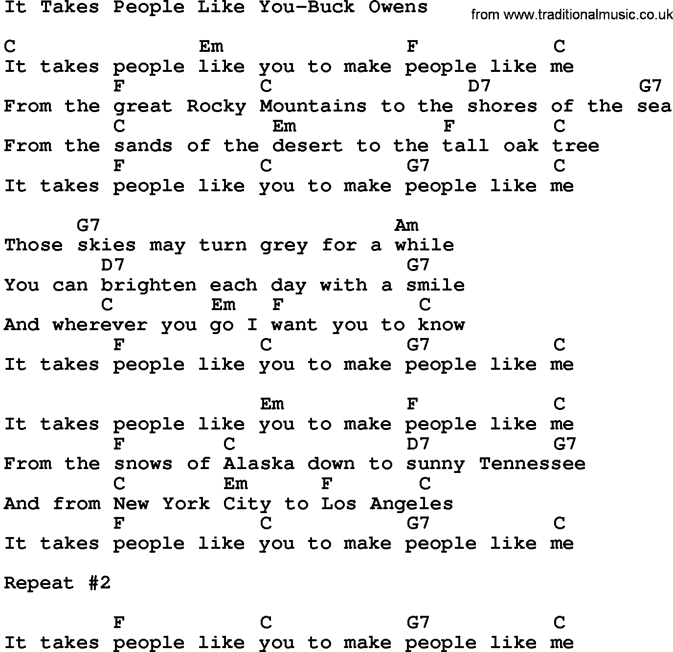 Country music song: It Takes People Like You-Buck Owens lyrics and chords
