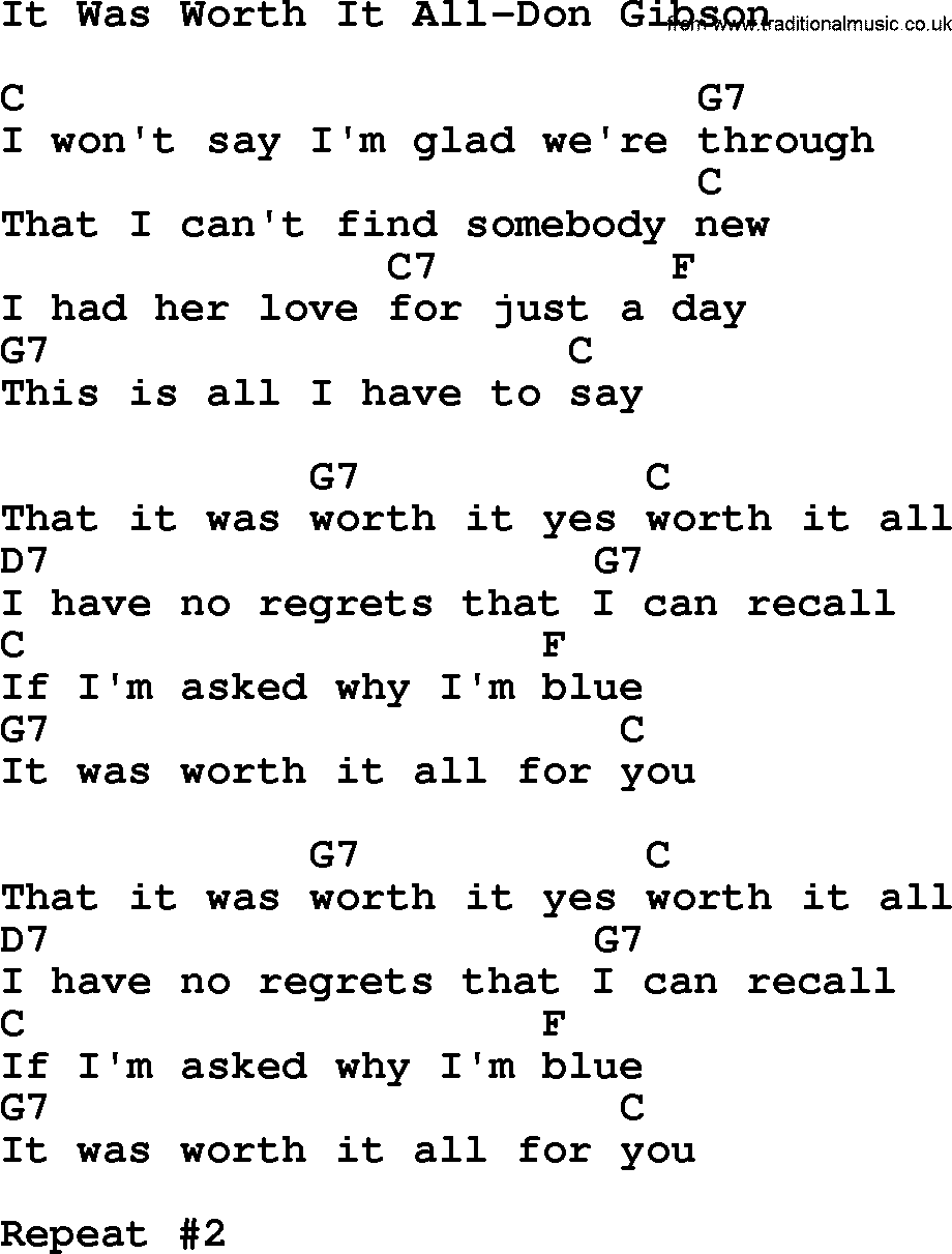 Country music song: It Was Worth It All-Don Gibson lyrics and chords