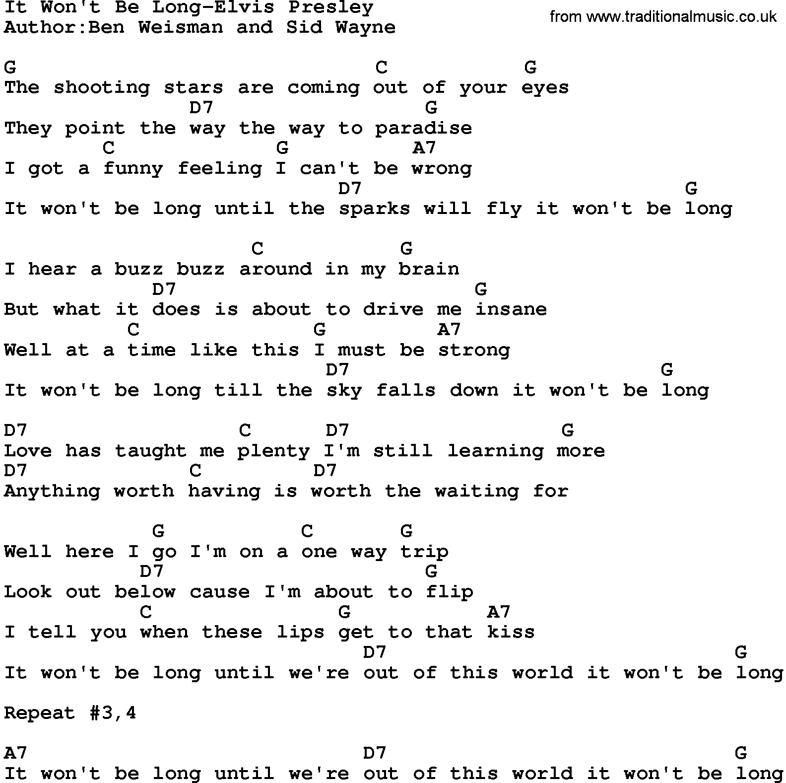 Country music song: It Won't Be Long-Elvis Presley lyrics and chords