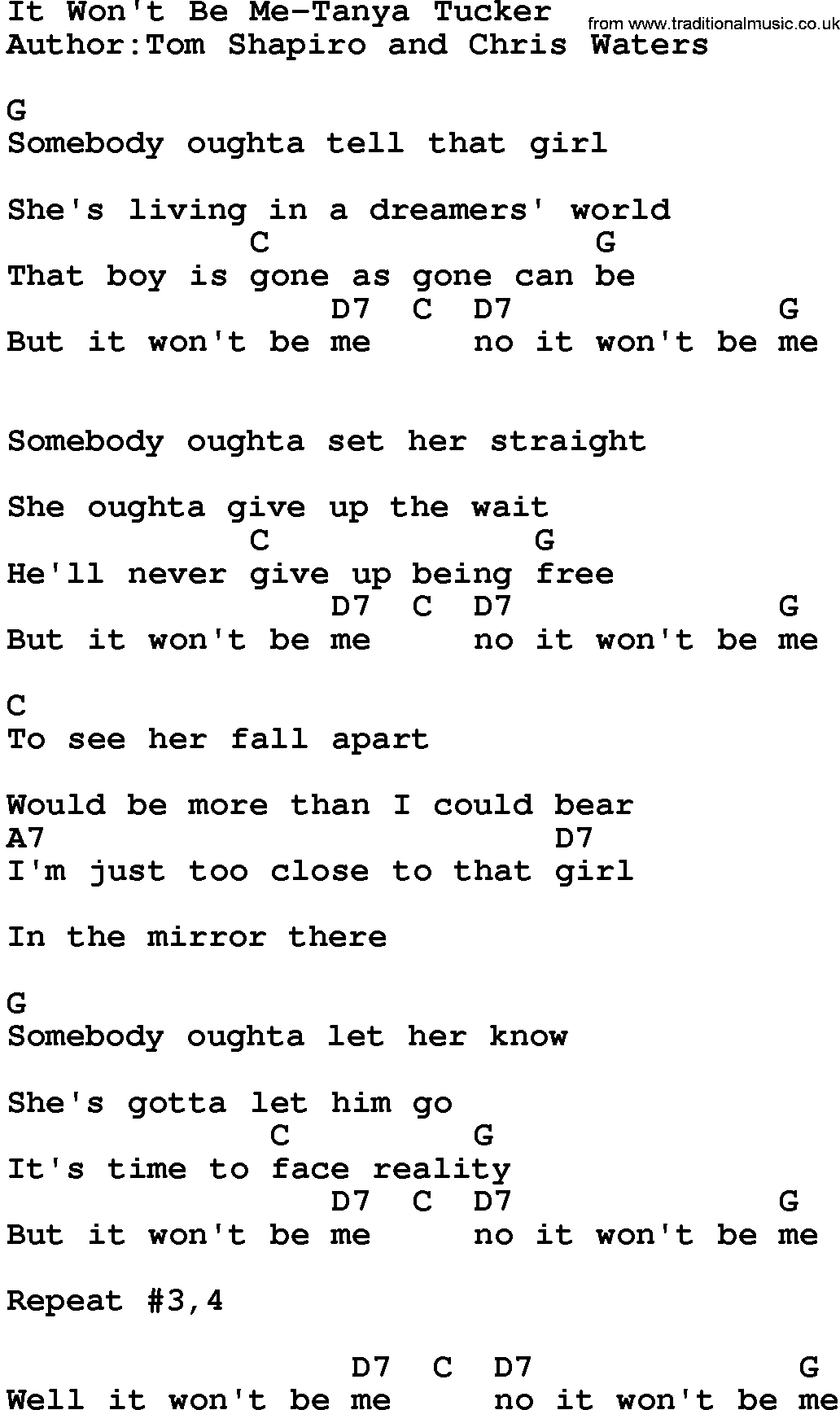 Country music song: It Won't Be Me-Tanya Tucker lyrics and chords