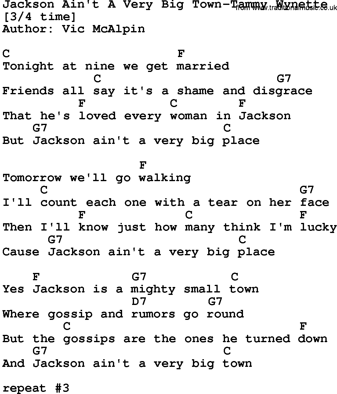 Country music song: Jackson Ain't A Very Big Town-Tammy Wynette lyrics and chords