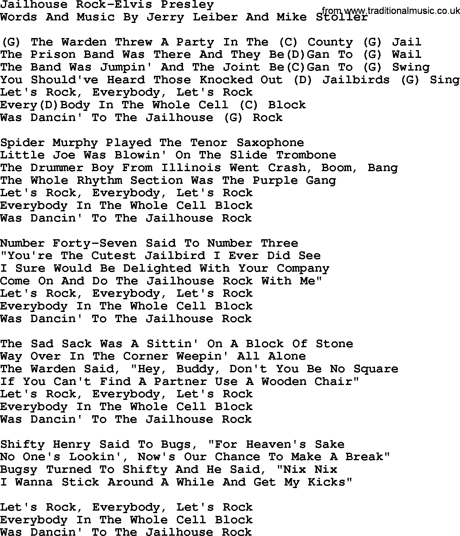 Country music song: Jailhouse Rock-Elvis Presley lyrics and chords