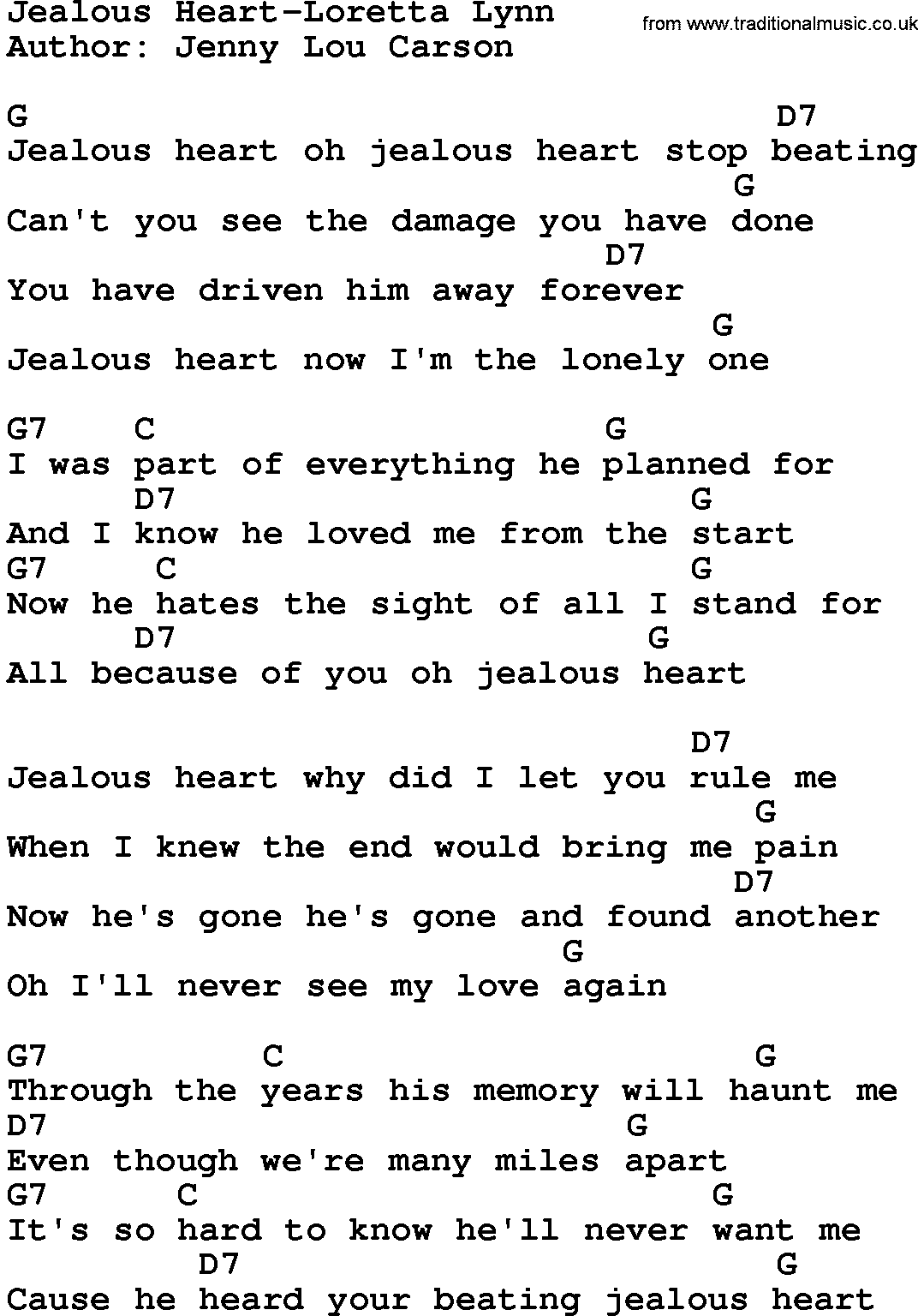 Country music song: Jealous Heart-Loretta Lynn lyrics and chords