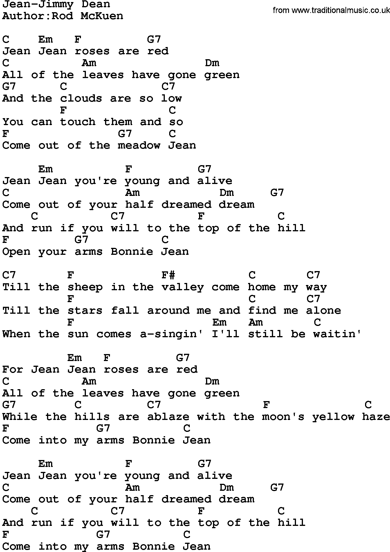 Country music song: Jean-Jimmy Dean lyrics and chords