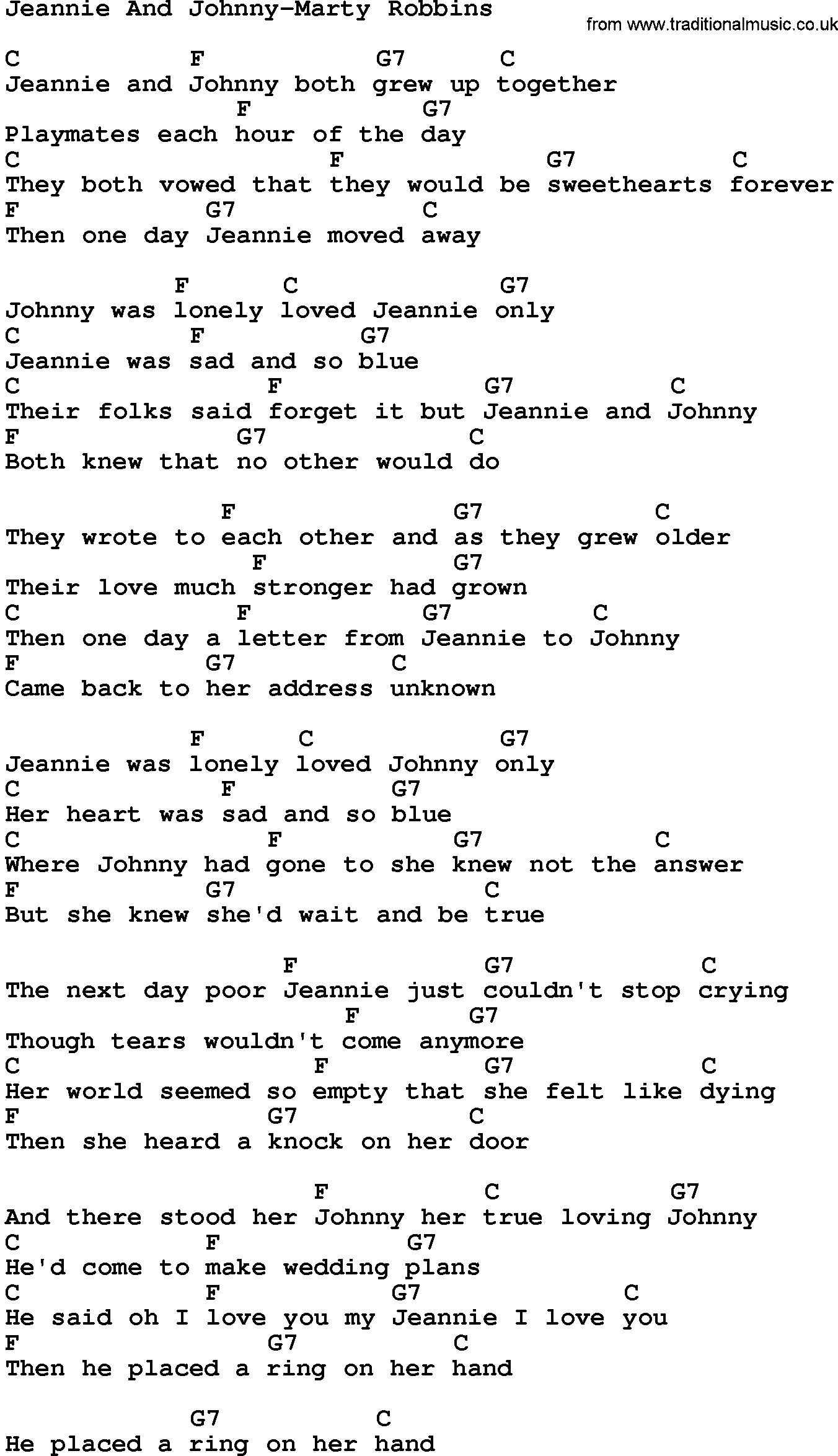 Country music song: Jeannie And Johnny-Marty Robbins lyrics and chords