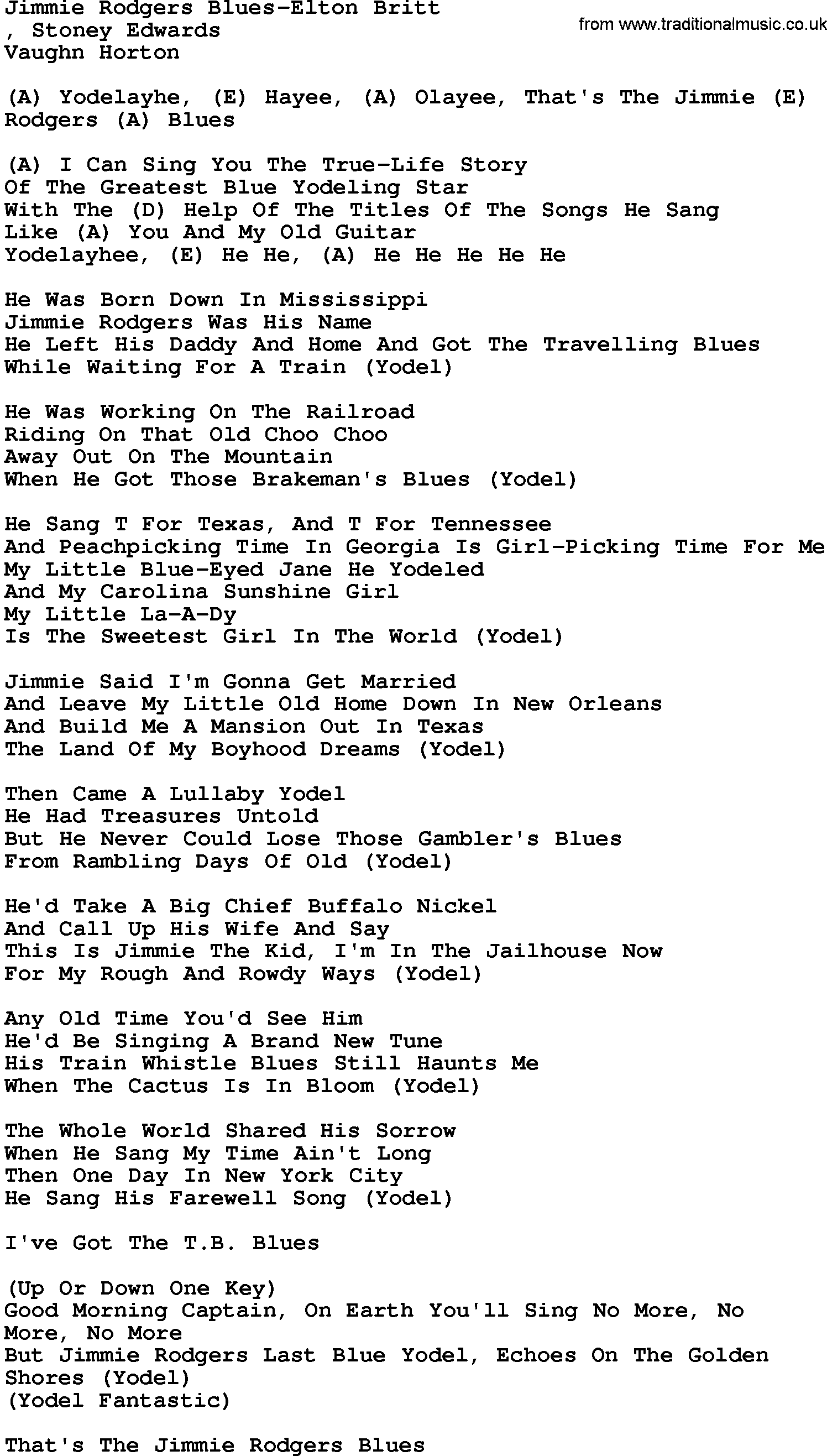 Country music song: Jimmie Rodgers Blues-Elton Britt lyrics and chords
