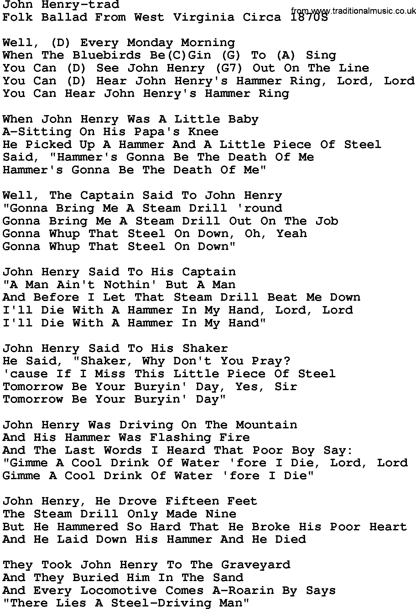 Country music song: John Henry-trad lyrics and chords