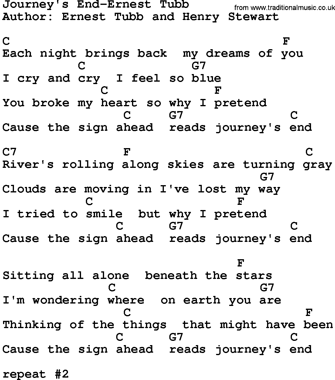 Country music song: Journey's End-Ernest Tubb lyrics and chords