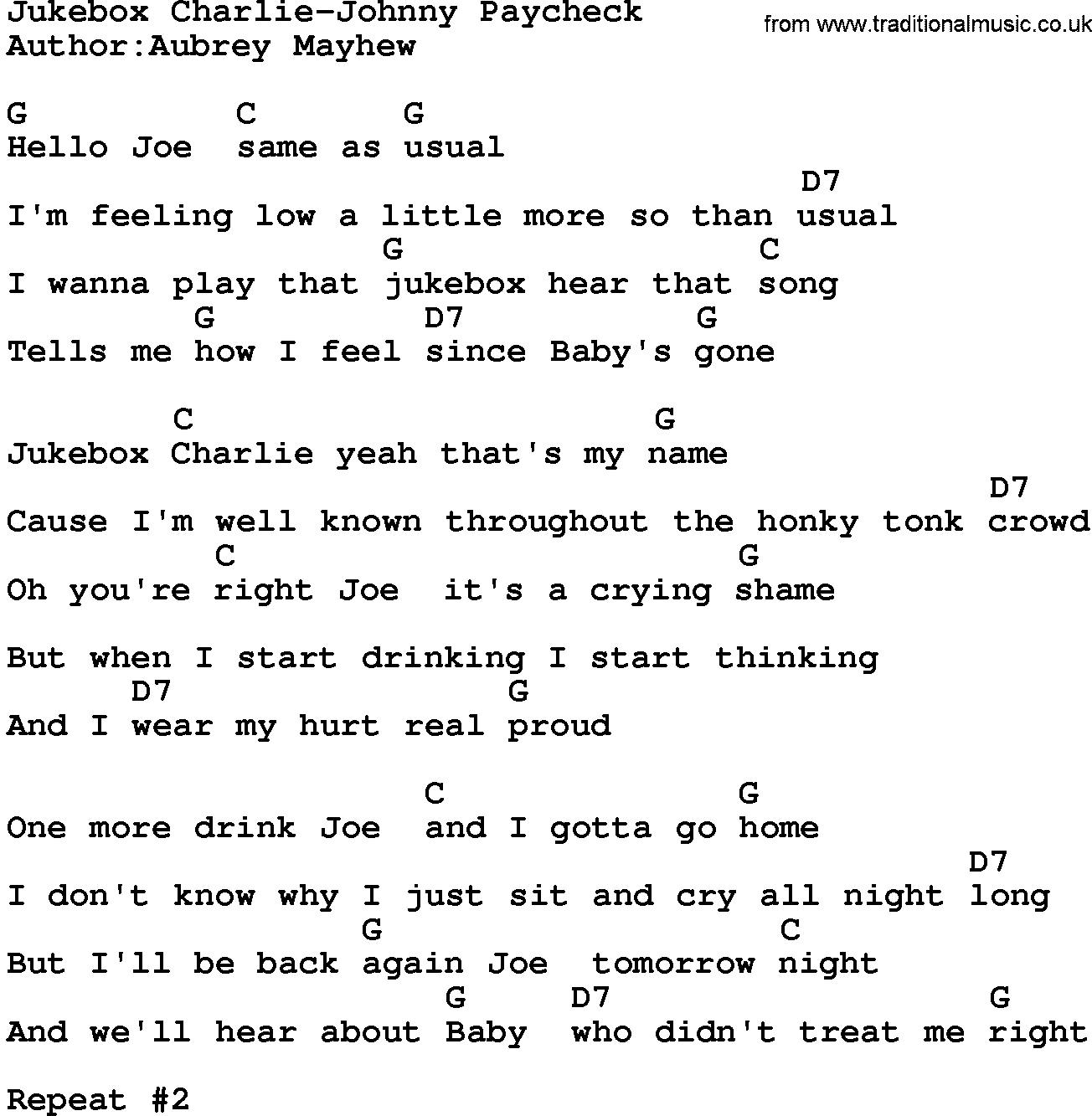 Country music song: Jukebox Charlie-Johnny Paycheck lyrics and chords