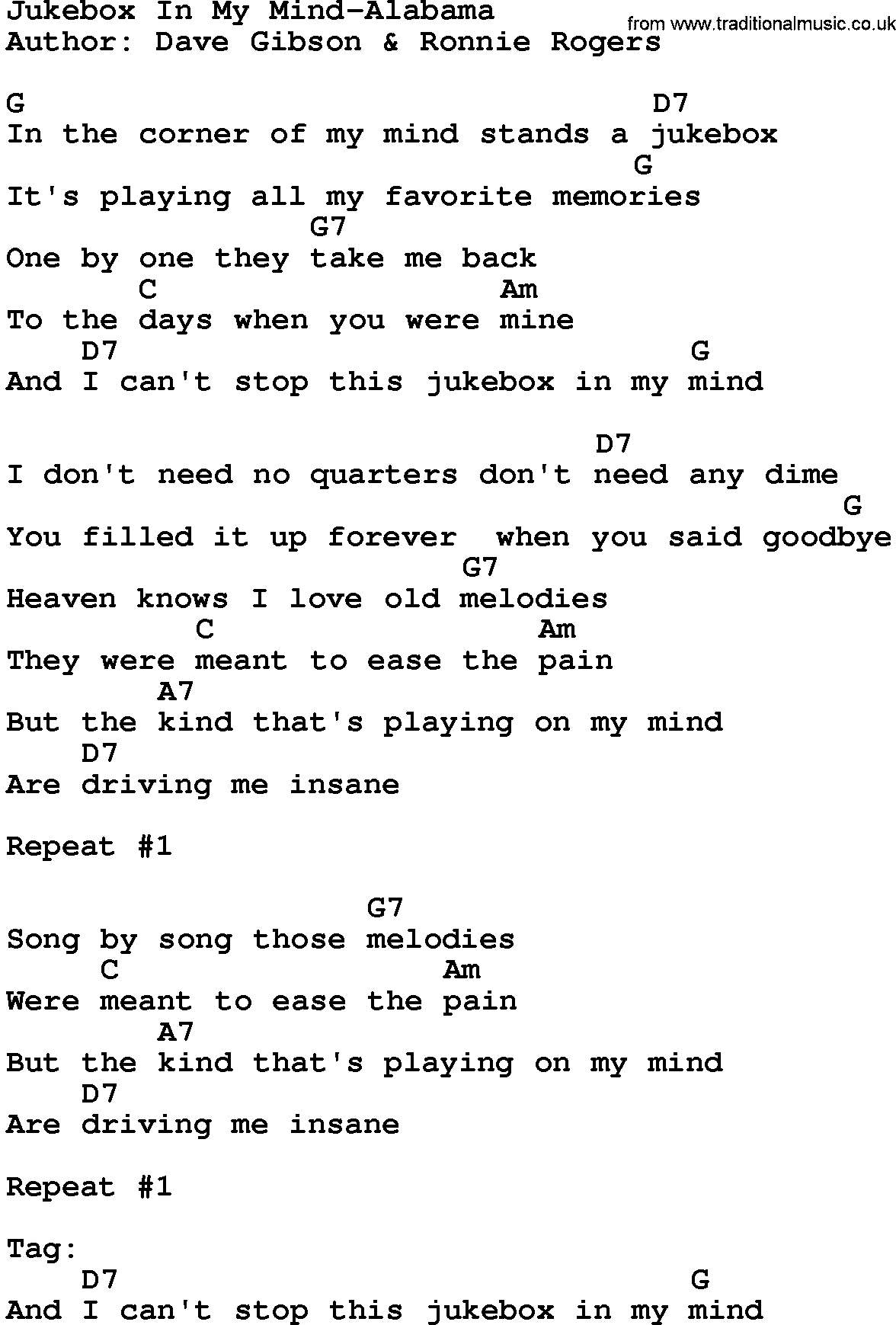 Country music song: Jukebox In My Mind-Alabama lyrics and chords