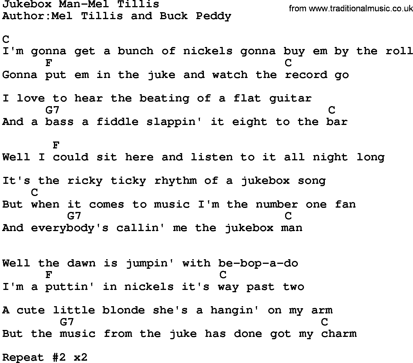 Country music song: Jukebox Man-Mel Tillis lyrics and chords