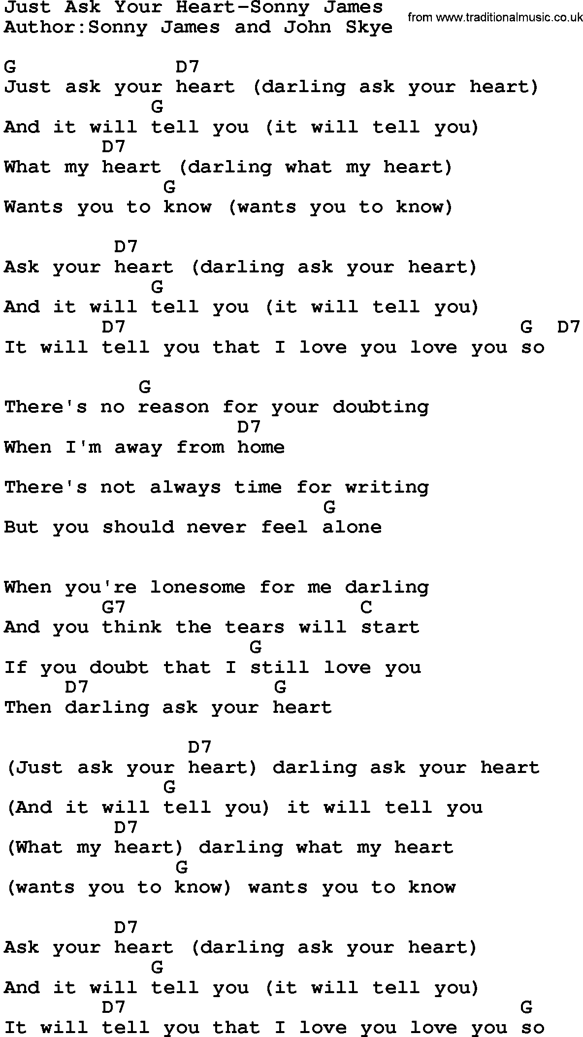 Country music song: Just Ask Your Heart-Sonny James lyrics and chords
