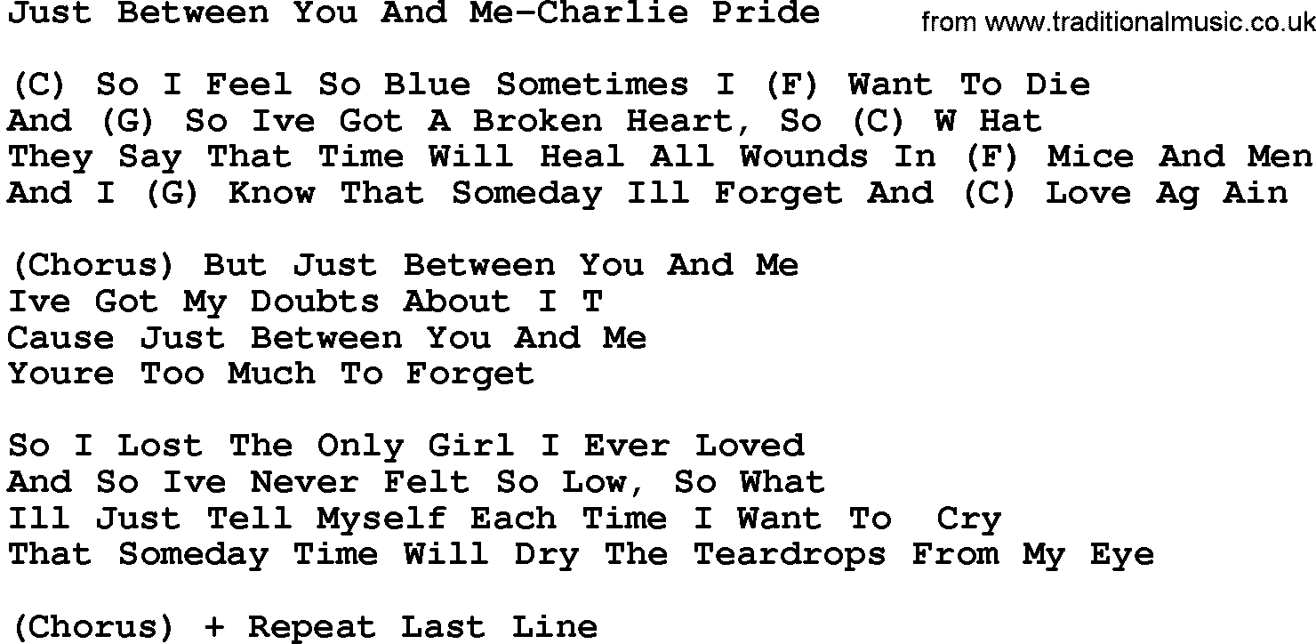 Country music song: Just Between You And Me-Charlie Pride lyrics and chords