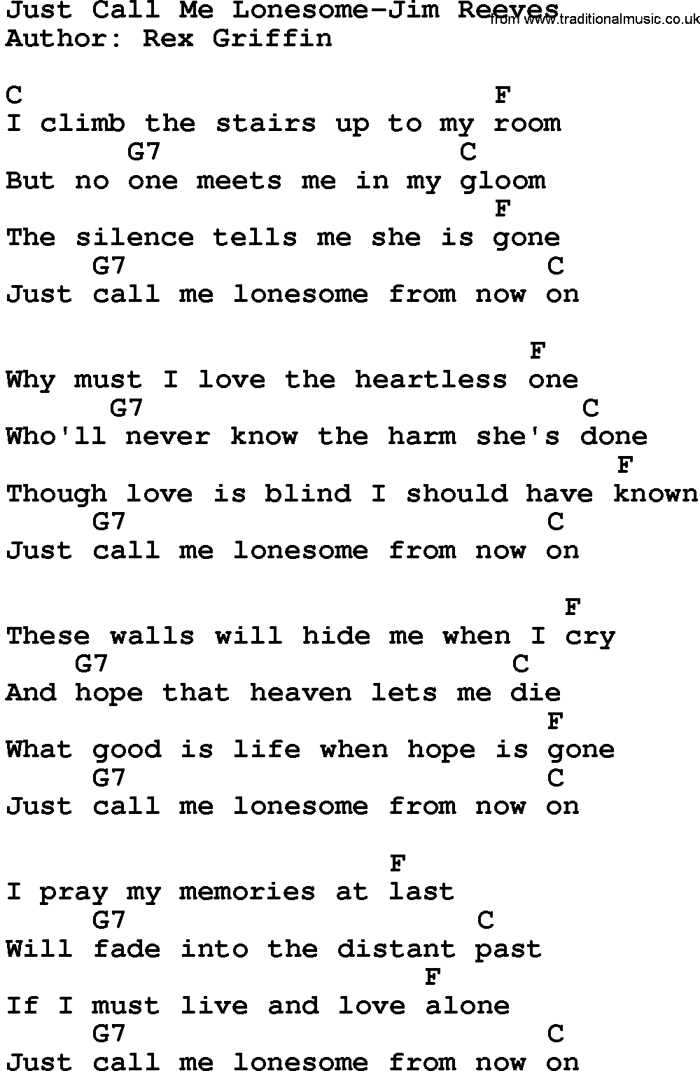 Country music song: Just Call Me Lonesome-Jim Reeves lyrics and chords