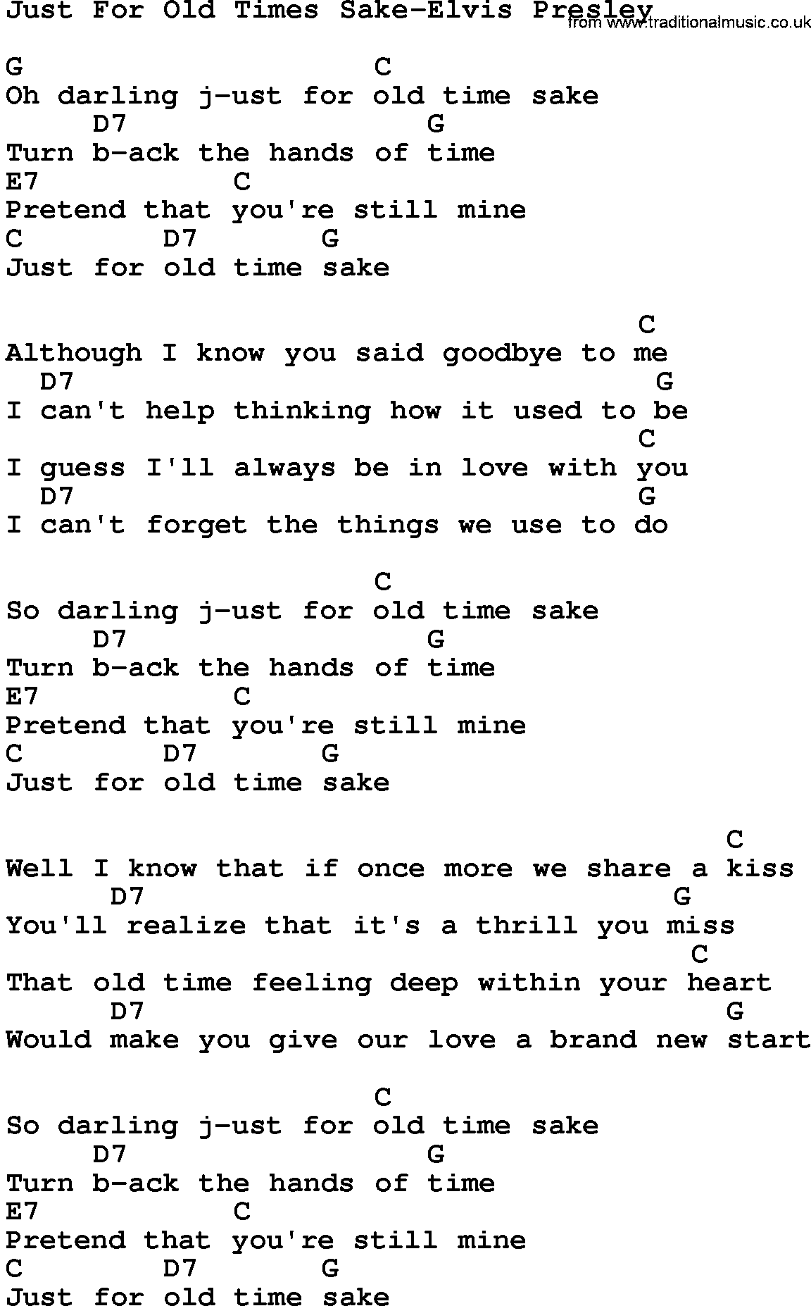 Country music song: Just For Old Times Sake-Elvis Presley lyrics and chords