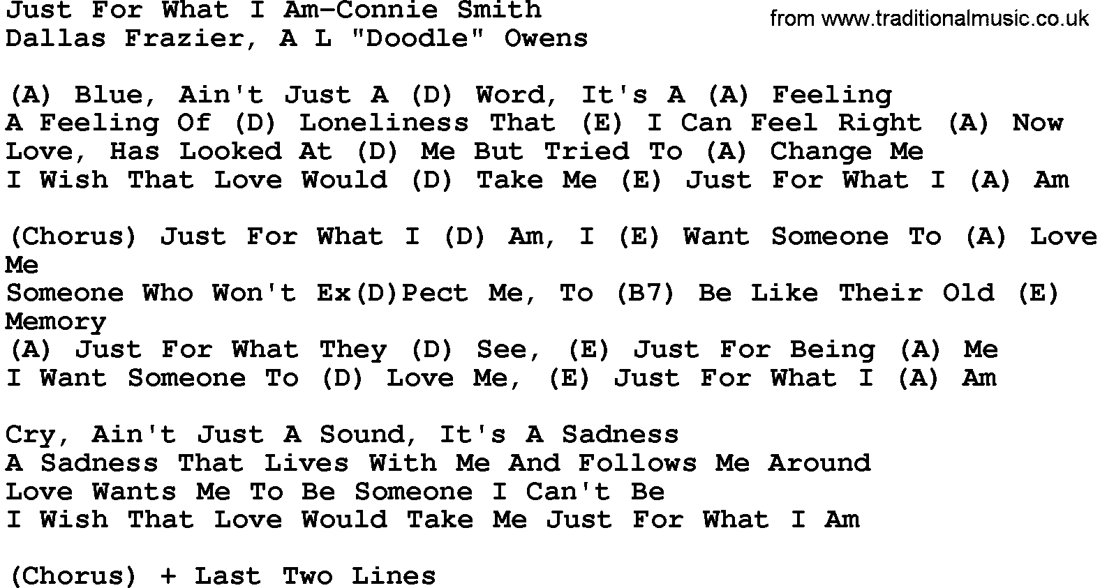 Country music song: Just For What I Am-Connie Smith lyrics and chords
