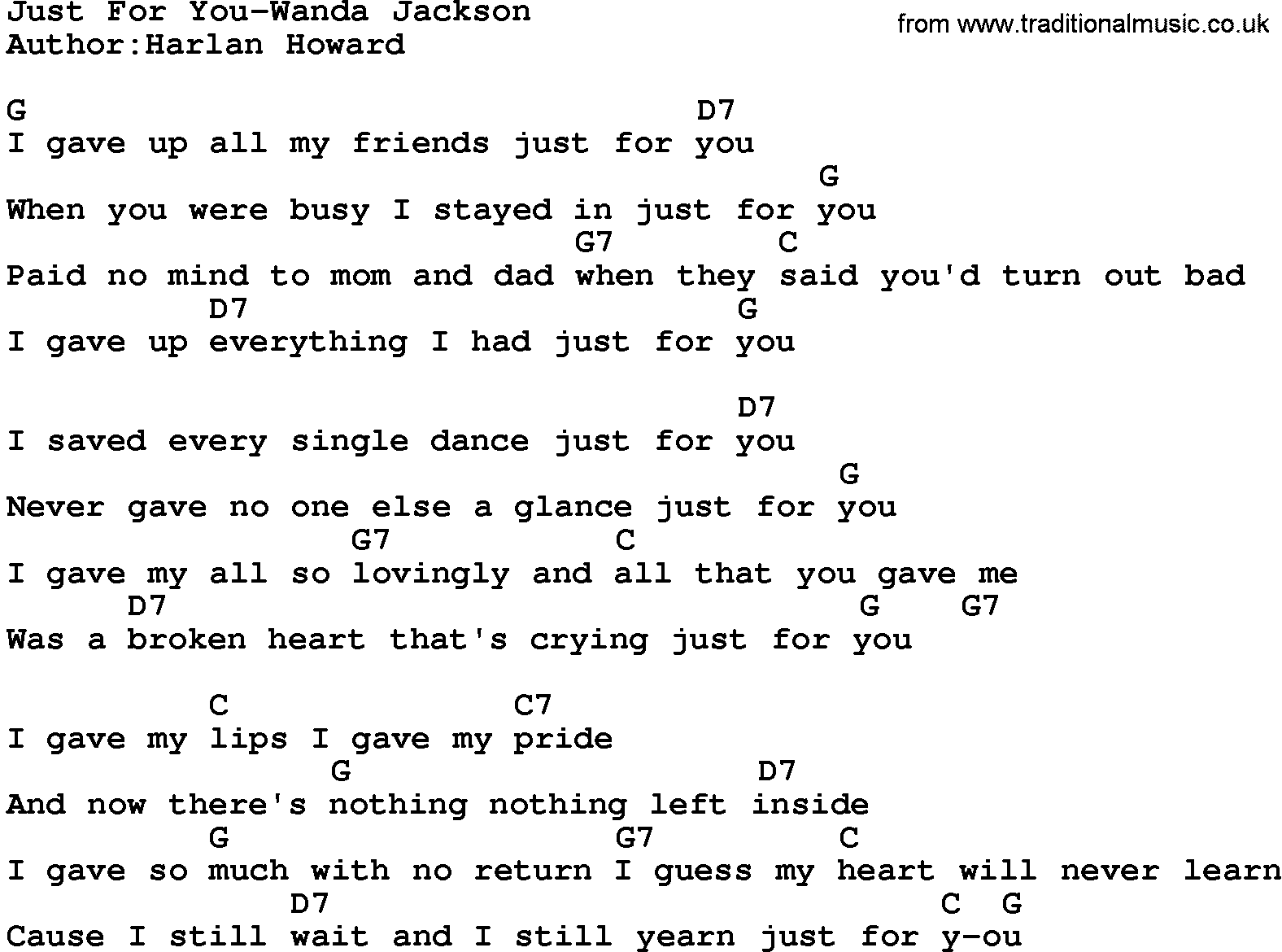 Country music song: Just For You-Wanda Jackson lyrics and chords