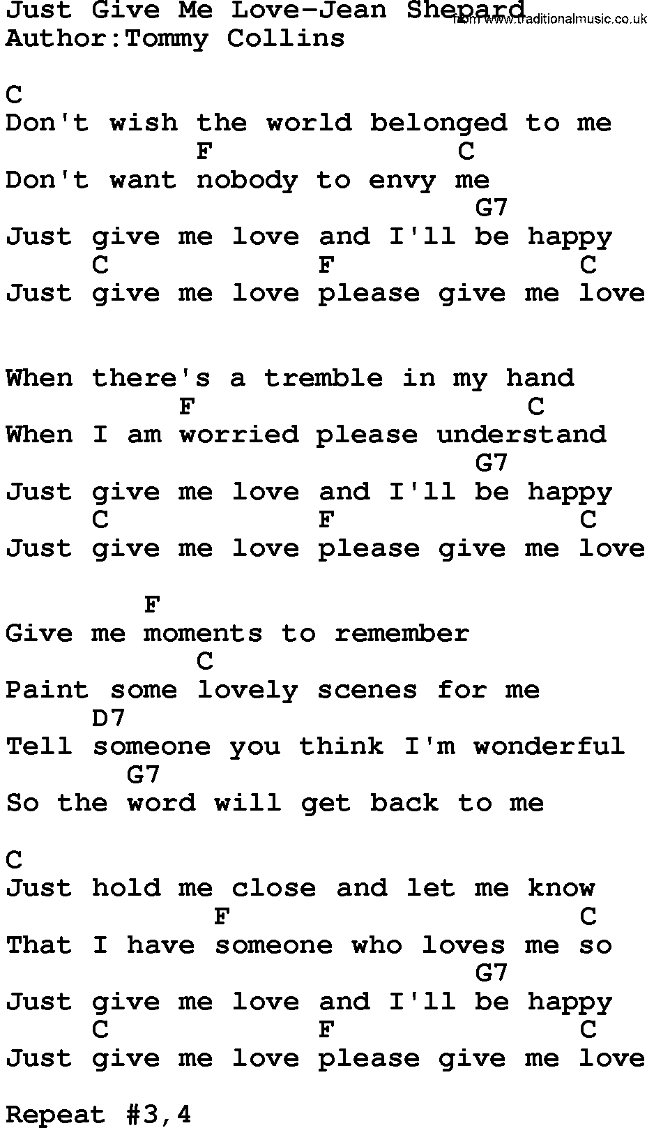 Country music song: Just Give Me Love-Jean Shepard lyrics and chords